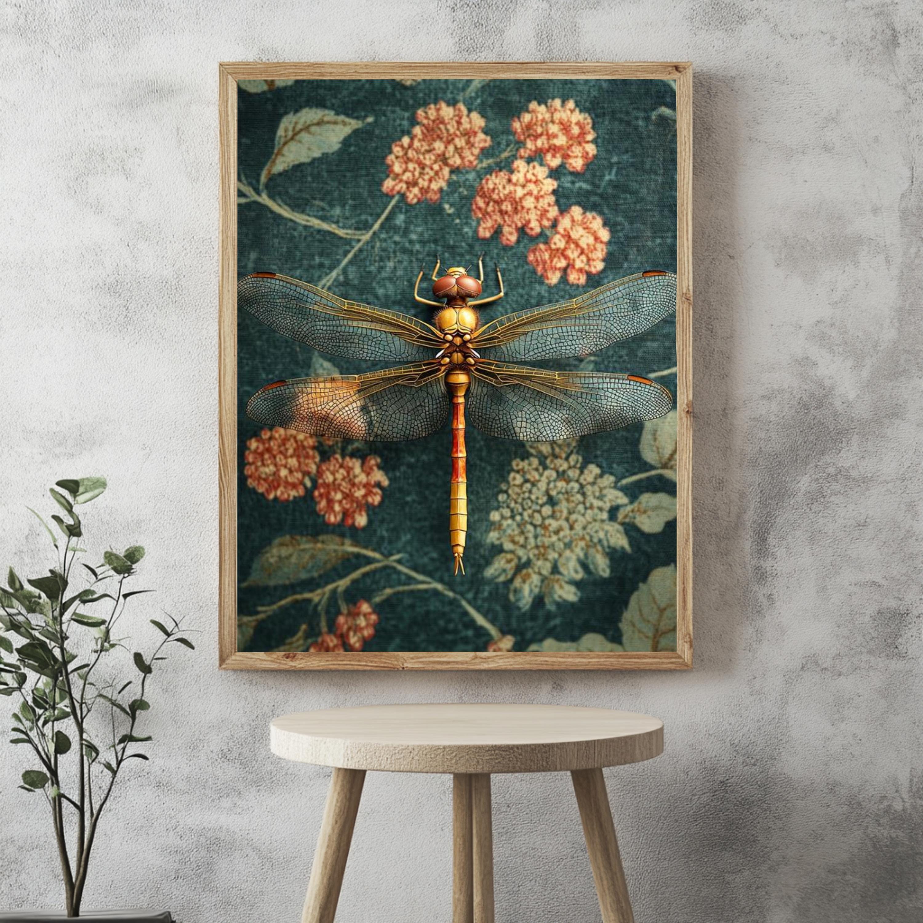 Golden Dragonfly Framed Canvas, Vintage Floral Insect Wall Art, Botanical Nature Print, Elegant Entomology Decor, Garden-Inspired Accent