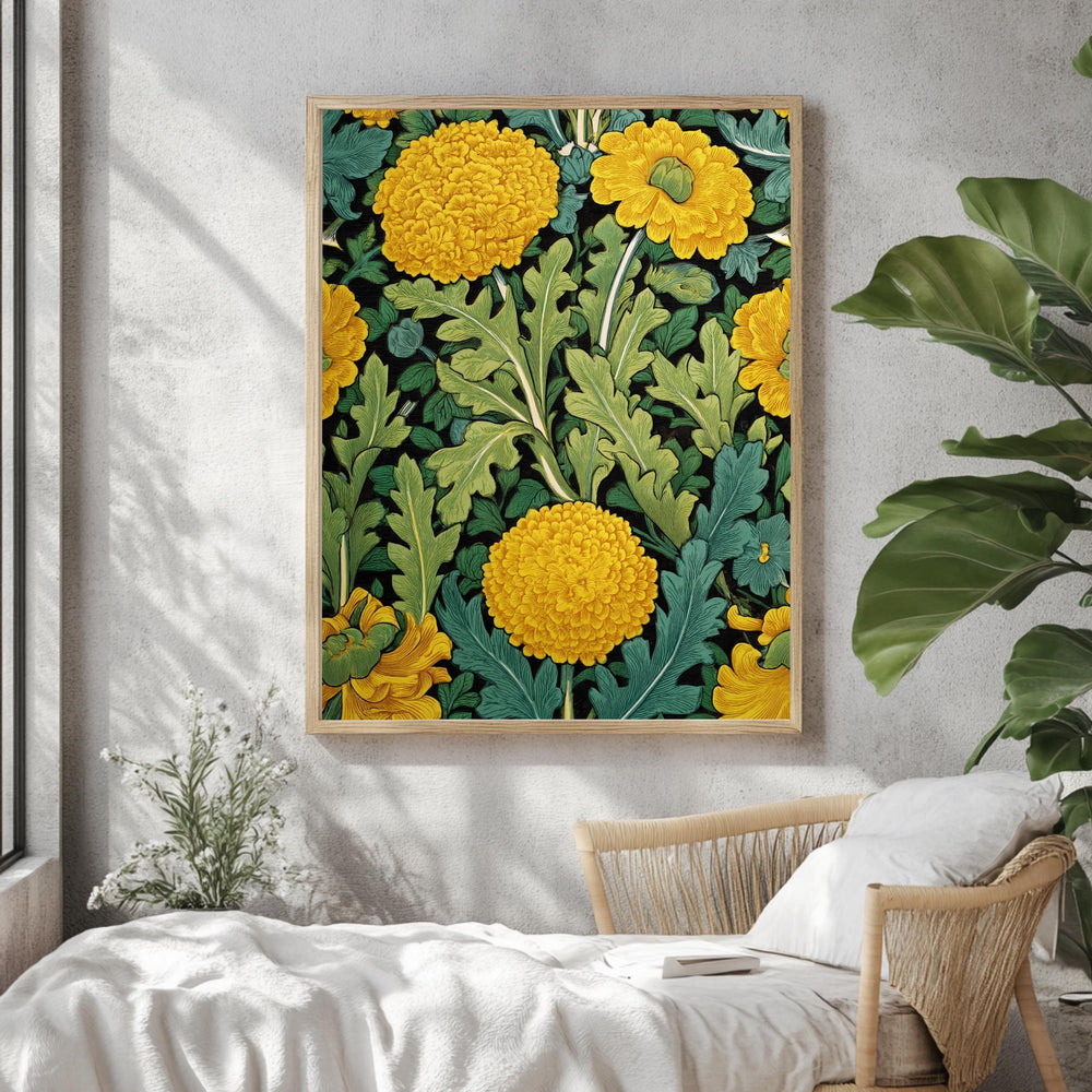 Yellow Marigold Wall Art, William Morris Inspired Floral Canvas, Vintage Botanical Garden Print, Cottagecore Framed Nature Decor