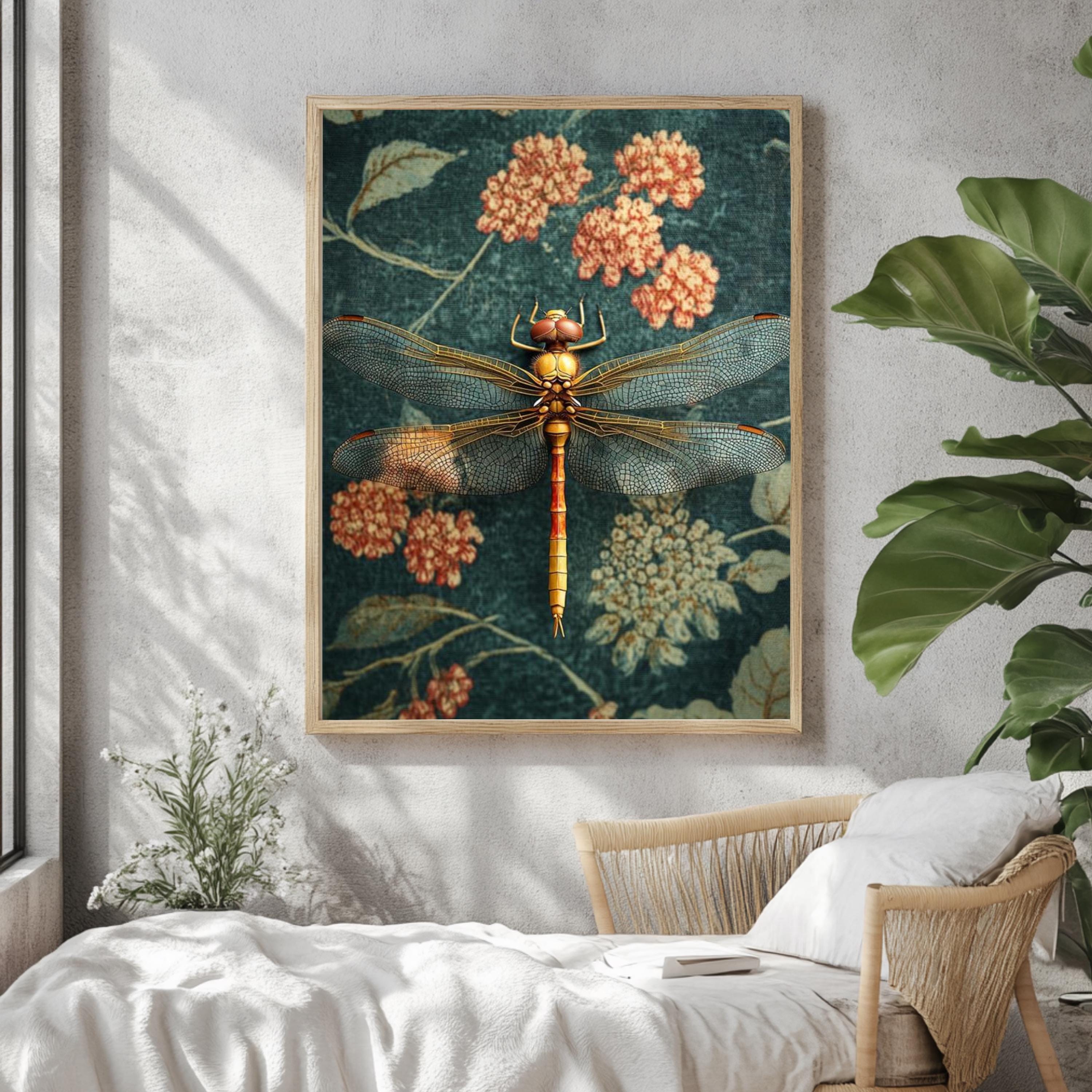 Golden Dragonfly Framed Canvas, Vintage Floral Insect Wall Art, Botanical Nature Print, Elegant Entomology Decor, Garden-Inspired Accent