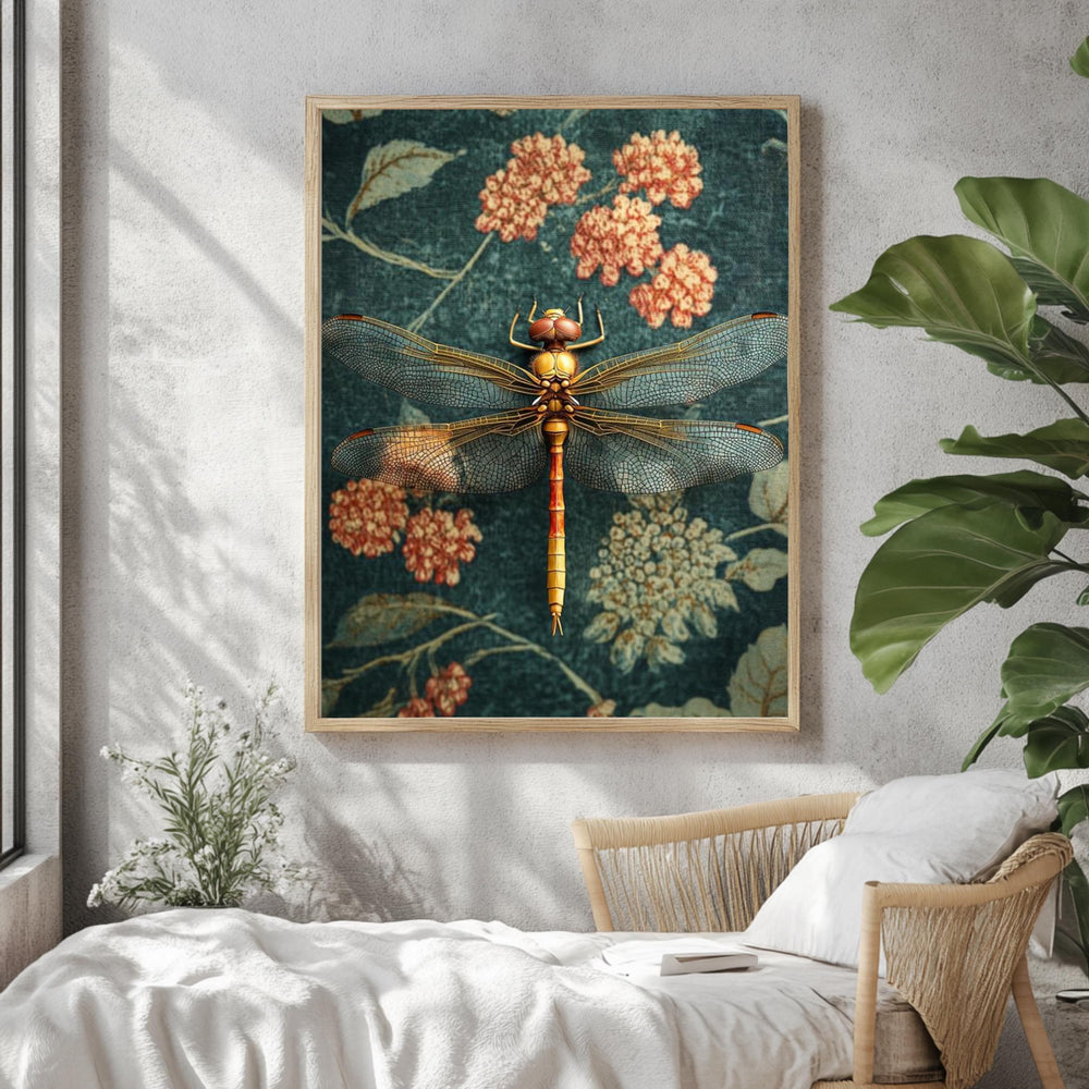 Golden Dragonfly Framed Canvas, Vintage Floral Insect Wall Art, Botanical Nature Print, Elegant Entomology Decor, Garden-Inspired Accent