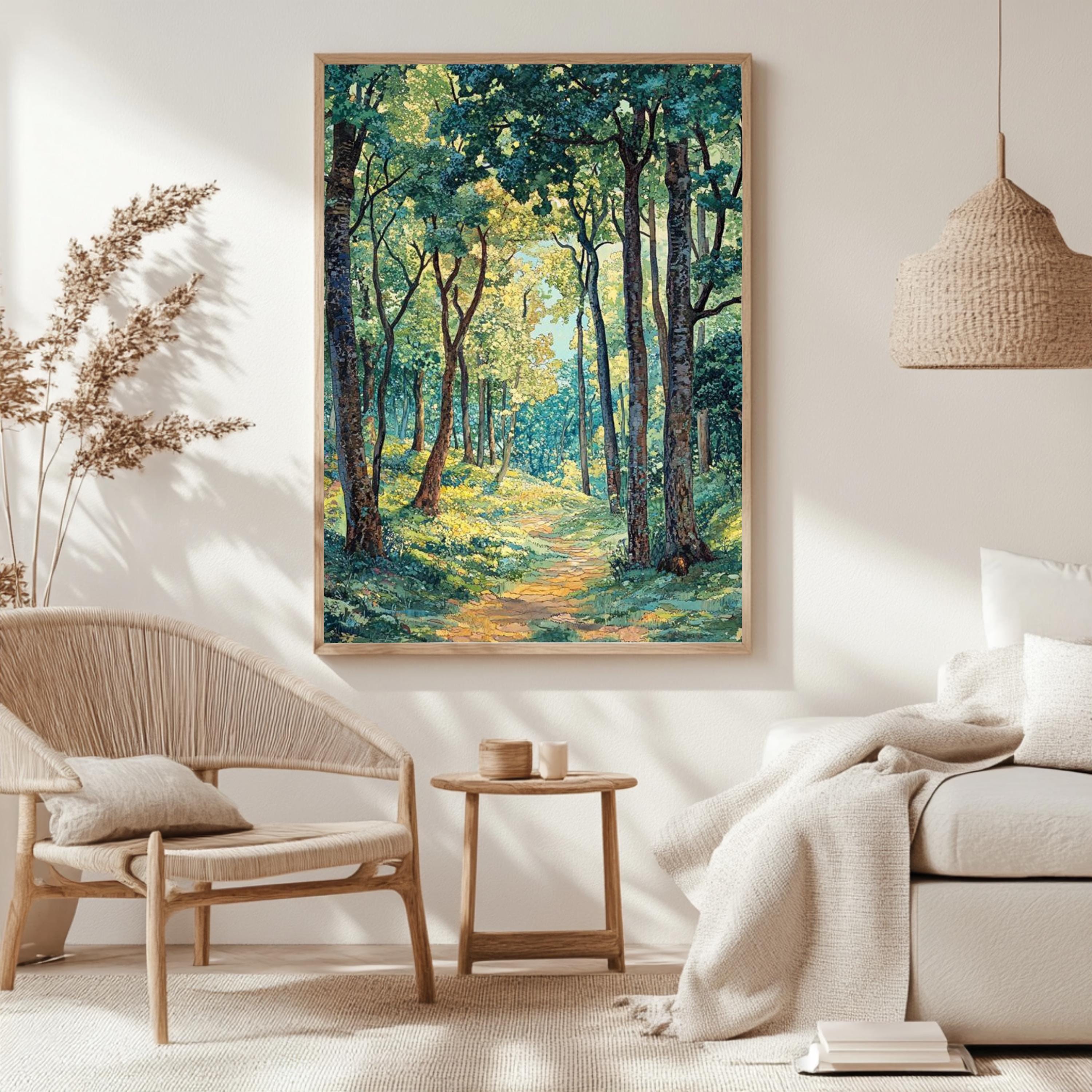 William Morris Sunlit Forest Path Framed Canvas, Peaceful Nature Landscape Wall Art, Serene Woodland Trail Print, Cottagecore Tree Decor