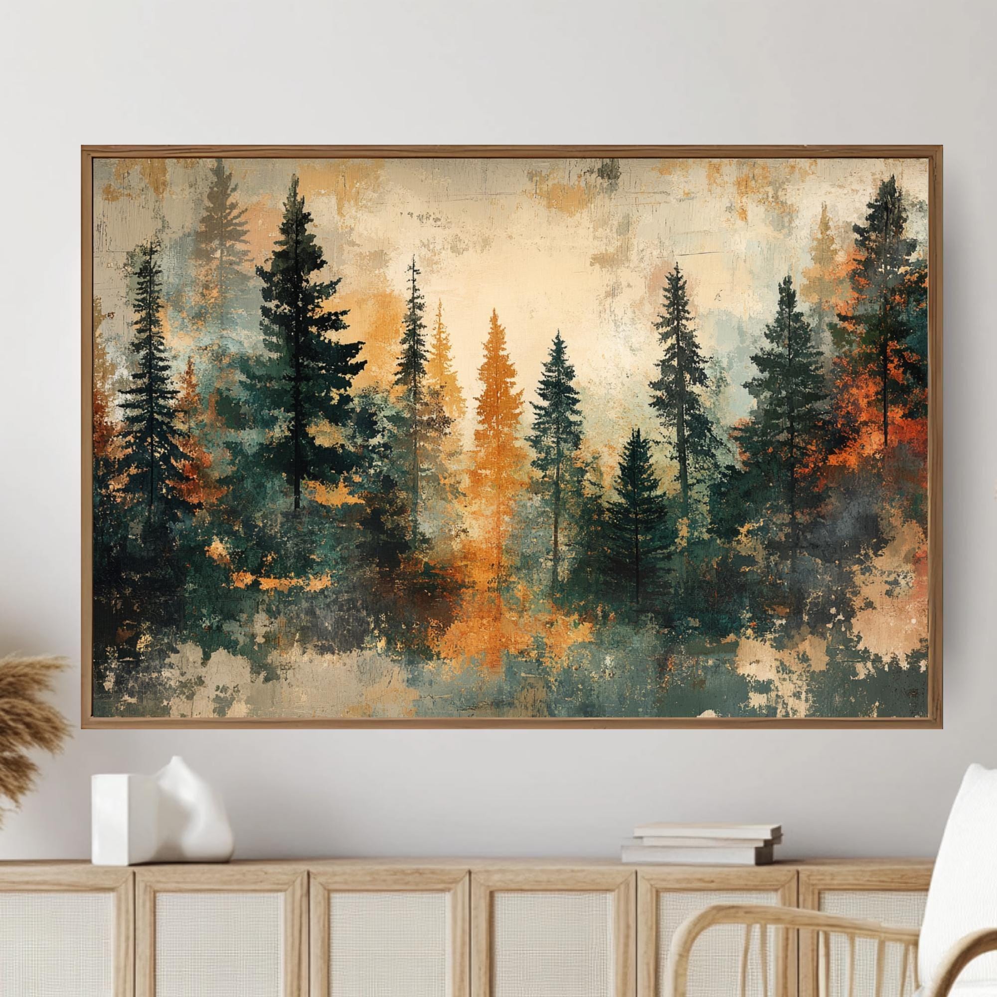 Autumn Pine Forest Wooden Framed Canvas, Warm Earth Tone Landscape Wall Art, Abstract Woodland Scene Print, Cozy Rustic Nature Decor