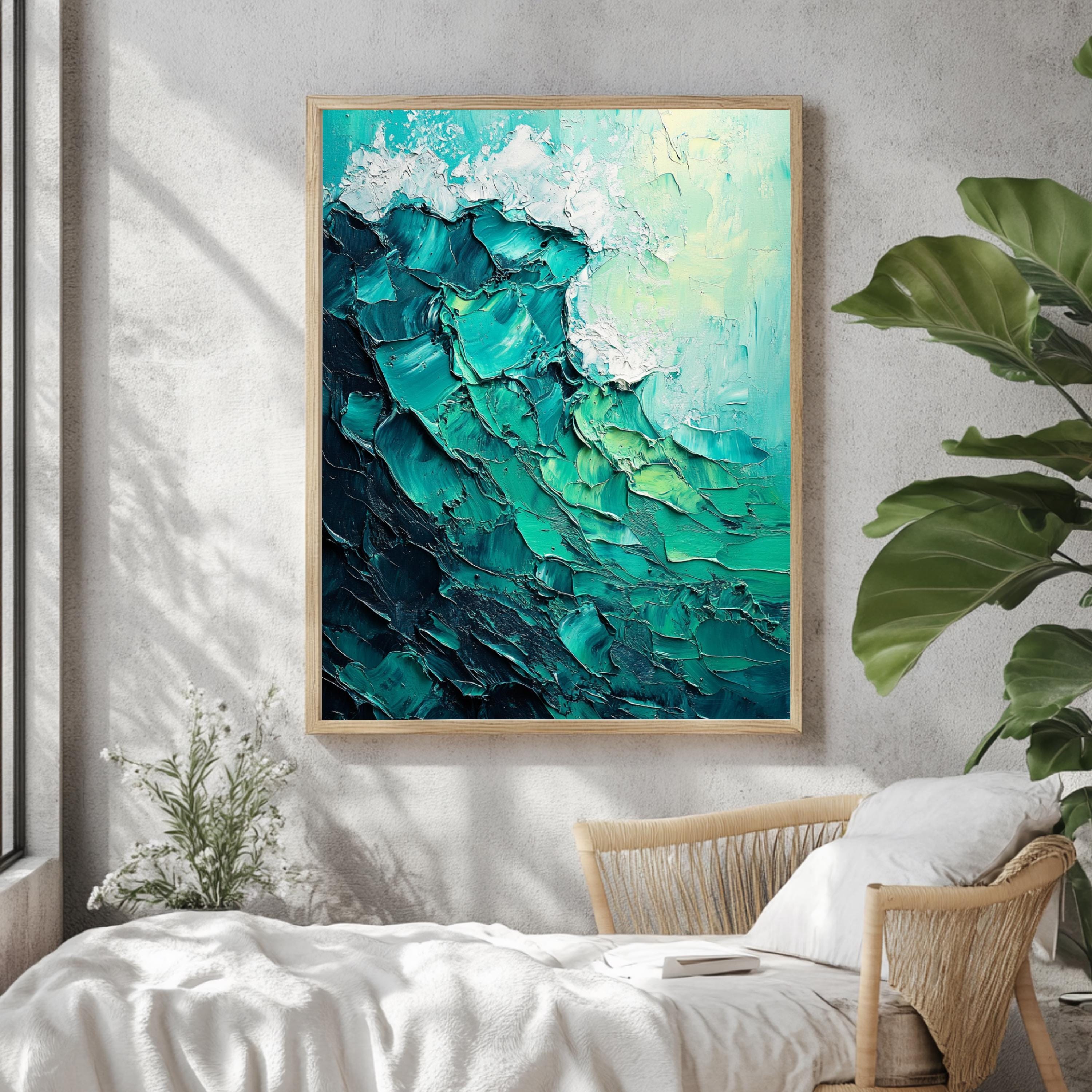Teal Ocean Wave Framed Canvas, Textured Look Seascape Wall Art Abstract Coastal Painting Modern Beach House Decor, Nautical Aesthetic Accent