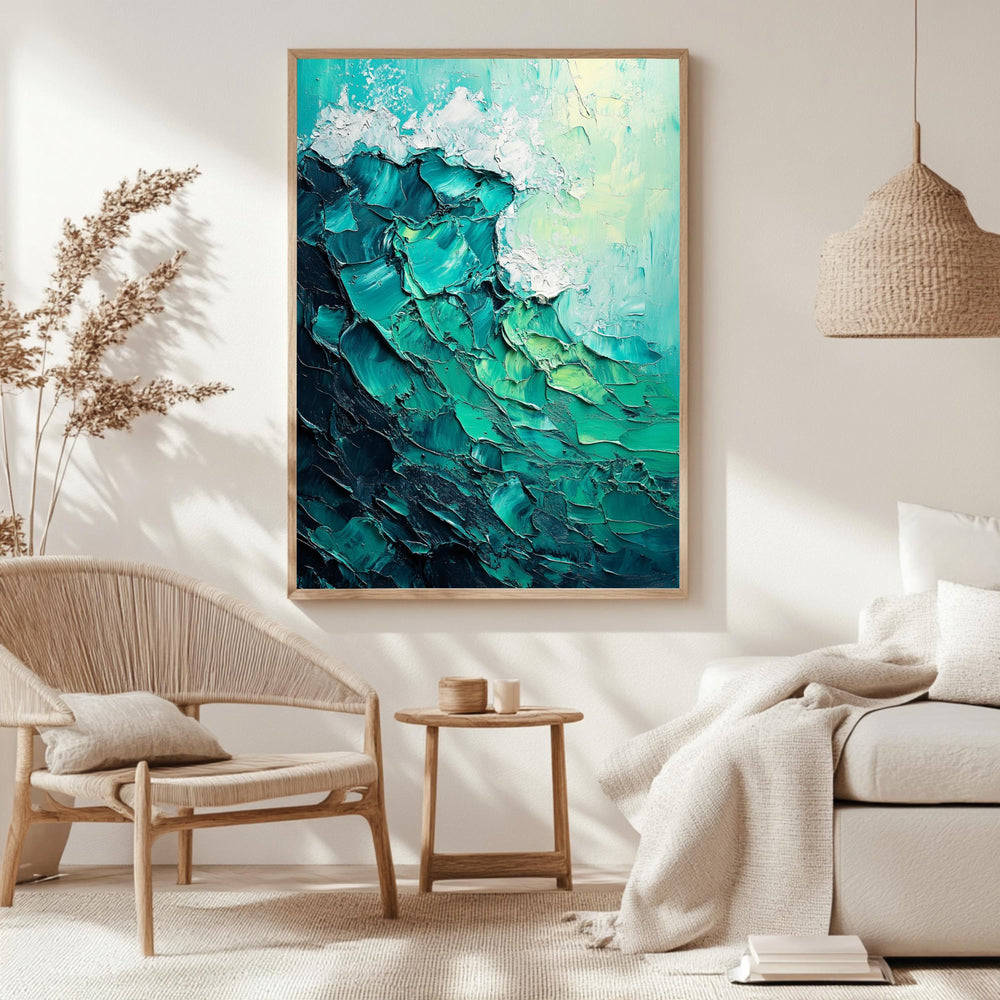 Teal Ocean Wave Framed Canvas, Textured Look Seascape Wall Art Abstract Coastal Painting Modern Beach House Decor, Nautical Aesthetic Accent