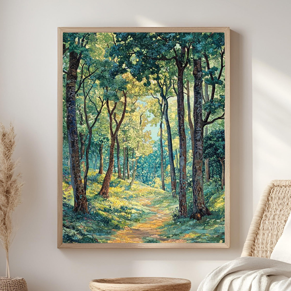 William Morris Sunlit Forest Path Framed Canvas, Peaceful Nature Landscape Wall Art, Serene Woodland Trail Print, Cottagecore Tree Decor