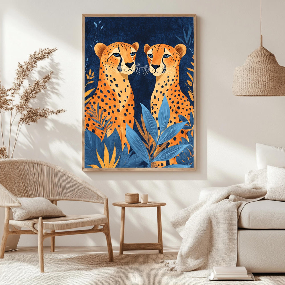 Orange Cheetahs Wall Art, Natural Wood Framed Canvas, Jungle Animal Print, Bold Safari Decor, Vibrant Wildlife Artwork, Boho Nature Art