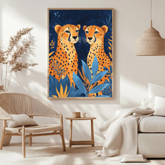 Orange Cheetahs Wall Art, Natural Wood Framed Canvas, Jungle Animal Print, Bold Safari Decor, Vibrant Wildlife Artwork, Boho Nature Art