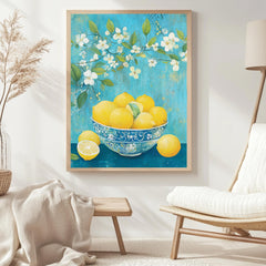 Lemon Bowl Wall Art, William Morris Inspired Floral Canvas, Blue and Yellow Kitchen Decor, Natural Wood Framed Print, Cottagecore Accent