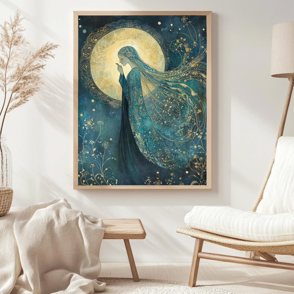 Moonlight Goddess Wall Art, William Morris Inspired Tarot Canvas, Celestial Divine Feminine Print, Wooden Framed Mystic Cottagecore Decor