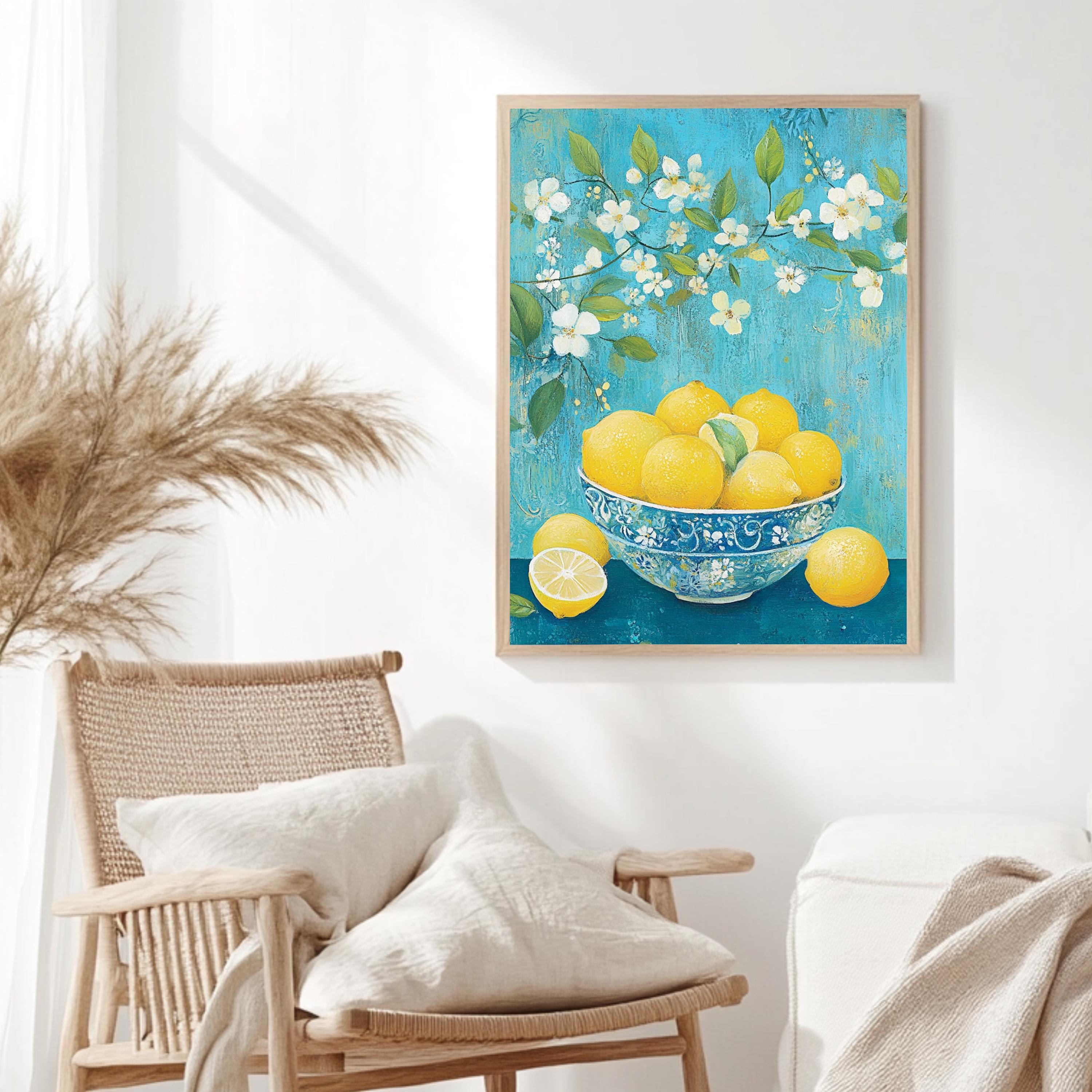 Lemon Bowl Wall Art, William Morris Inspired Floral Canvas, Blue and Yellow Kitchen Decor, Natural Wood Framed Print, Cottagecore Accent