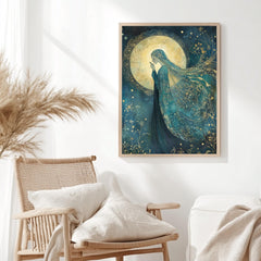 Moonlight Goddess Wall Art, William Morris Inspired Tarot Canvas, Celestial Divine Feminine Print, Wooden Framed Mystic Cottagecore Decor