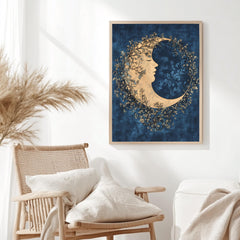 Floral Moon Wall Art, William Morris Inspired Celestial Canvas, Dreamy Botanical Print, Wooden Framed Mystical Night Sky Home Decor