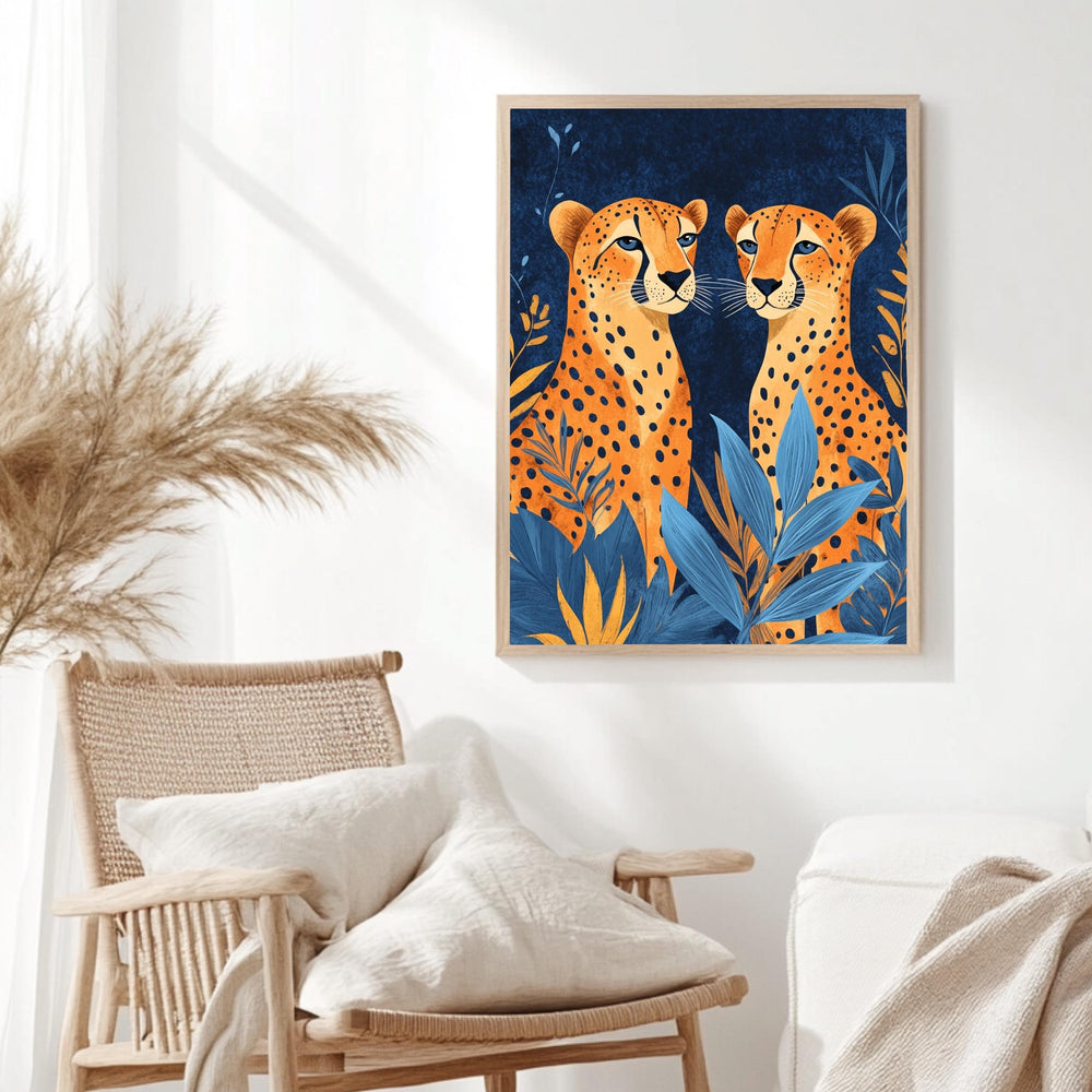 Orange Cheetahs Wall Art, Natural Wood Framed Canvas, Jungle Animal Print, Bold Safari Decor, Vibrant Wildlife Artwork, Boho Nature Art