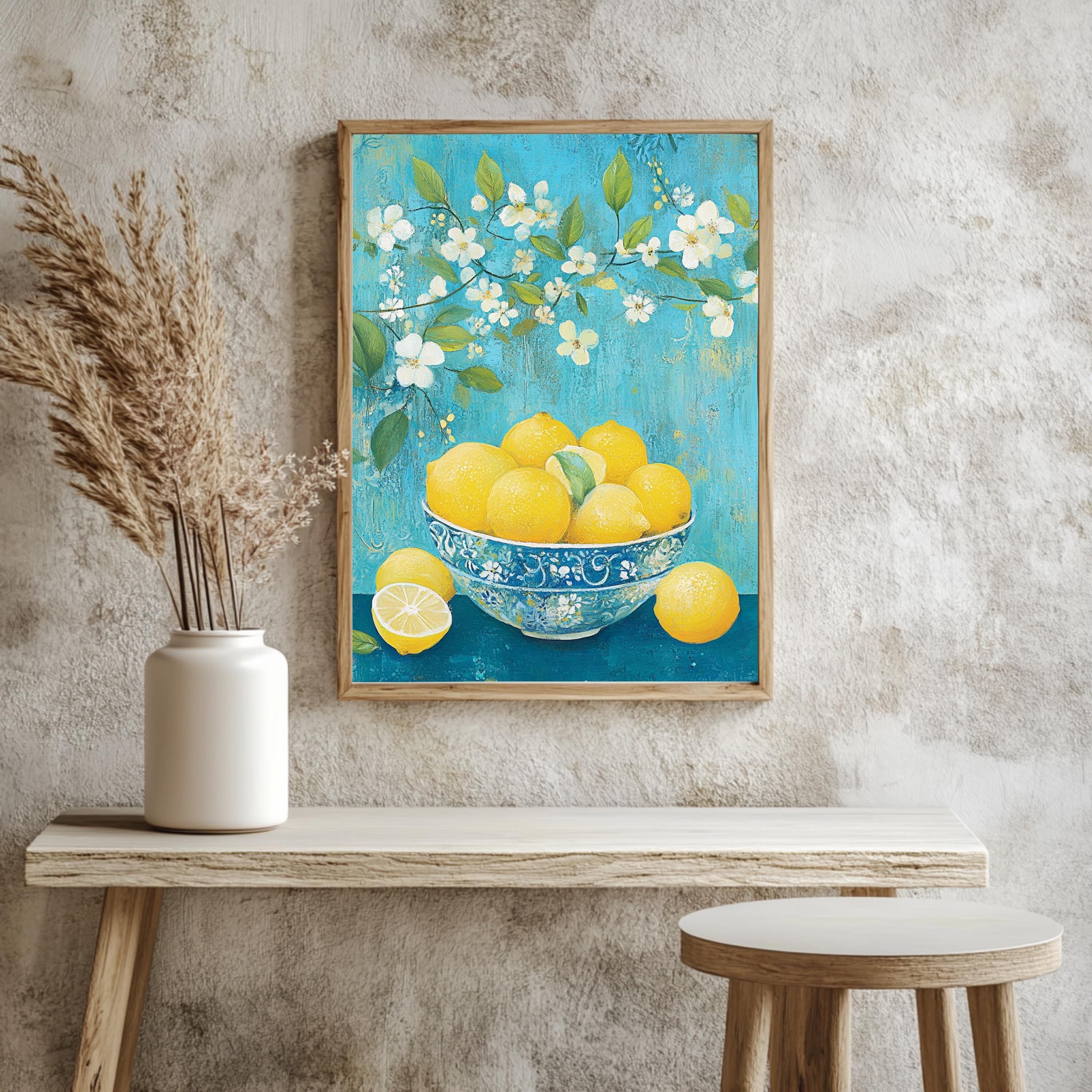 Lemon Bowl Wall Art, William Morris Inspired Floral Canvas, Blue and Yellow Kitchen Decor, Natural Wood Framed Print, Cottagecore Accent