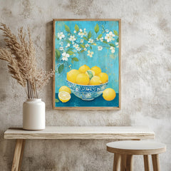Lemon Bowl Wall Art, William Morris Inspired Floral Canvas, Blue and Yellow Kitchen Decor, Natural Wood Framed Print, Cottagecore Accent