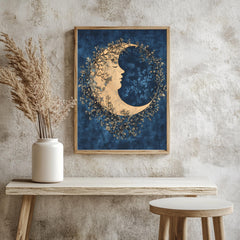 Floral Moon Wall Art, William Morris Inspired Celestial Canvas, Dreamy Botanical Print, Wooden Framed Mystical Night Sky Home Decor