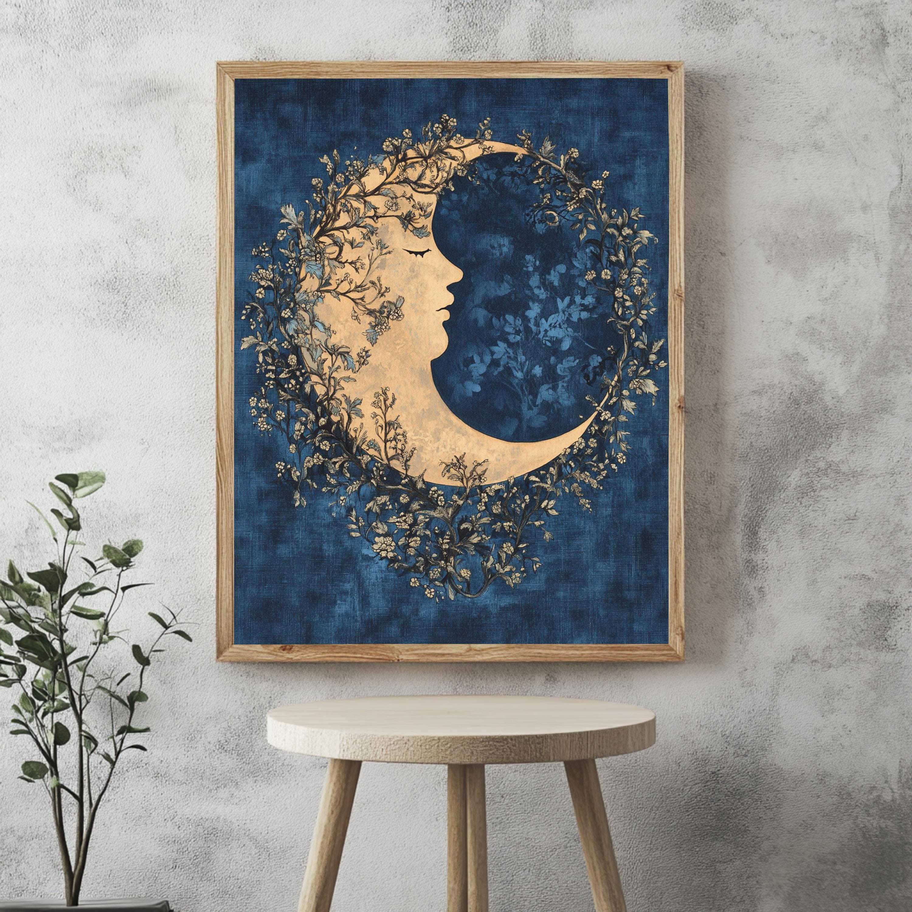 Floral Moon Wall Art, William Morris Inspired Celestial Canvas, Dreamy Botanical Print, Wooden Framed Mystical Night Sky Home Decor