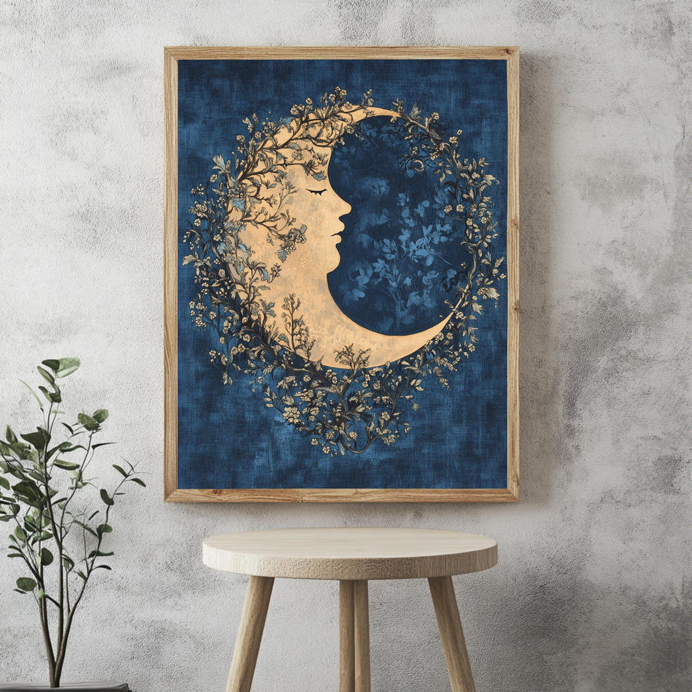 Floral Moon Wall Art, William Morris Inspired Celestial Canvas, Dreamy Botanical Print, Wooden Framed Mystical Night Sky Home Decor