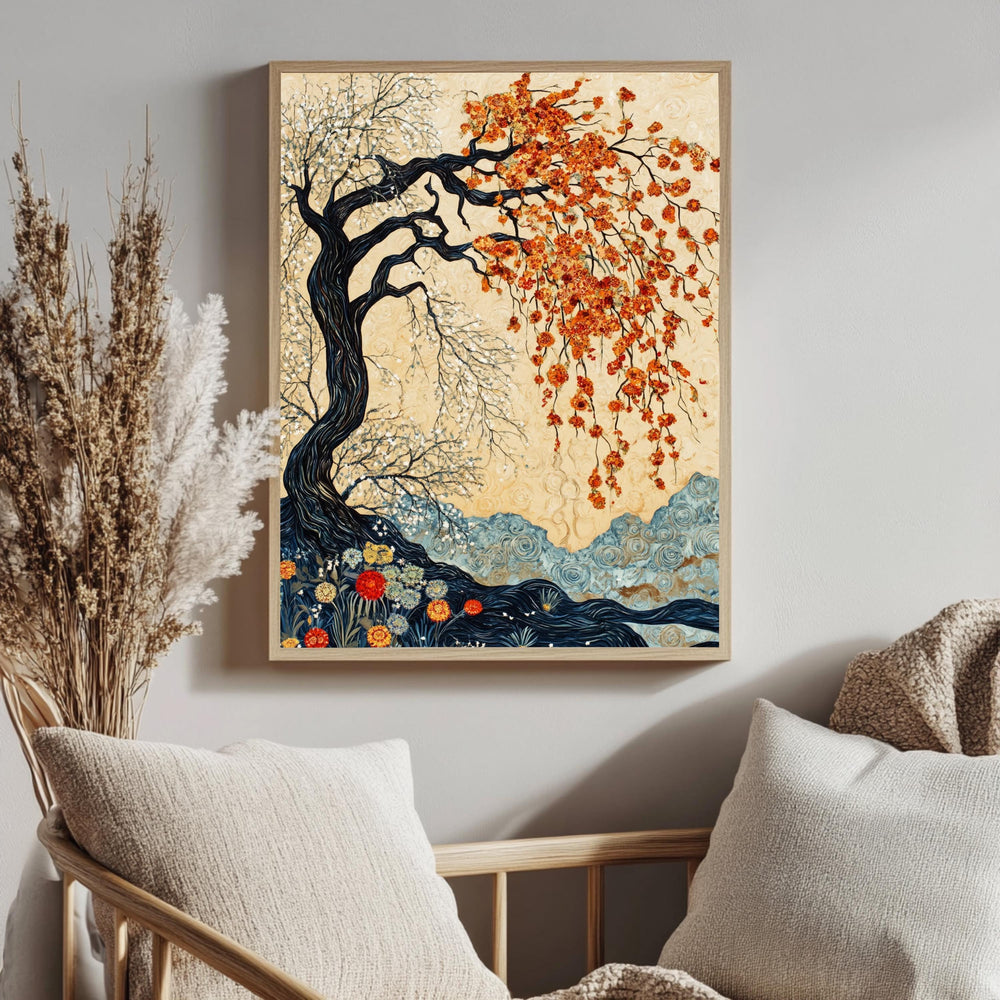Willow Tree Wall Art, William Morris Inspired Seasonal Canvas, Autumn and Spring Dual Tree Print, Wooden Framed Nature Home Decor