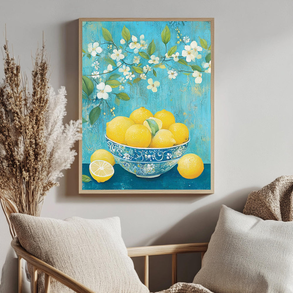 Lemon Bowl Wall Art, William Morris Inspired Floral Canvas, Blue and Yellow Kitchen Decor, Natural Wood Framed Print, Cottagecore Accent