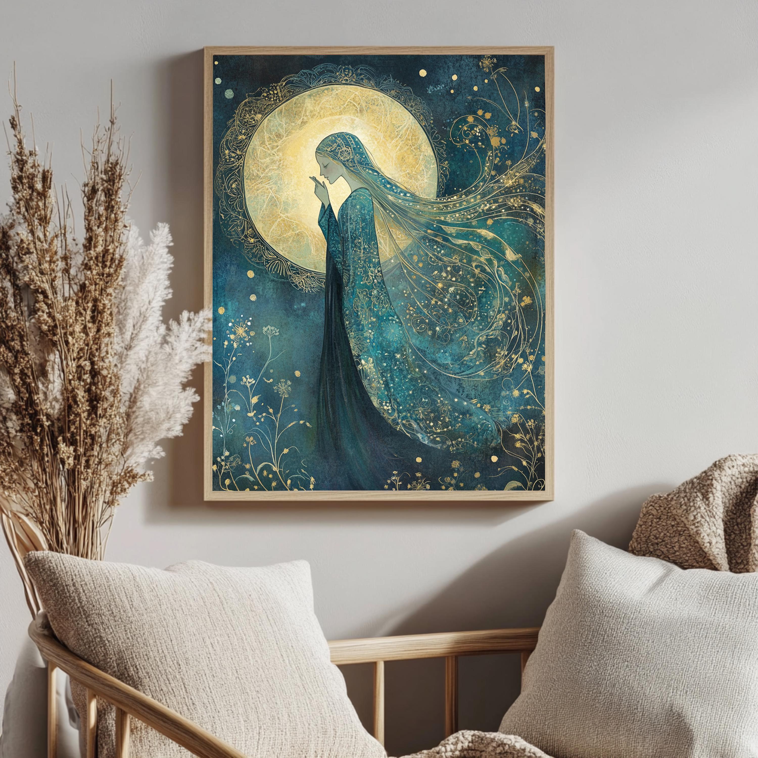 Moonlight Goddess Wall Art, William Morris Inspired Tarot Canvas, Celestial Divine Feminine Print, Wooden Framed Mystic Cottagecore Decor
