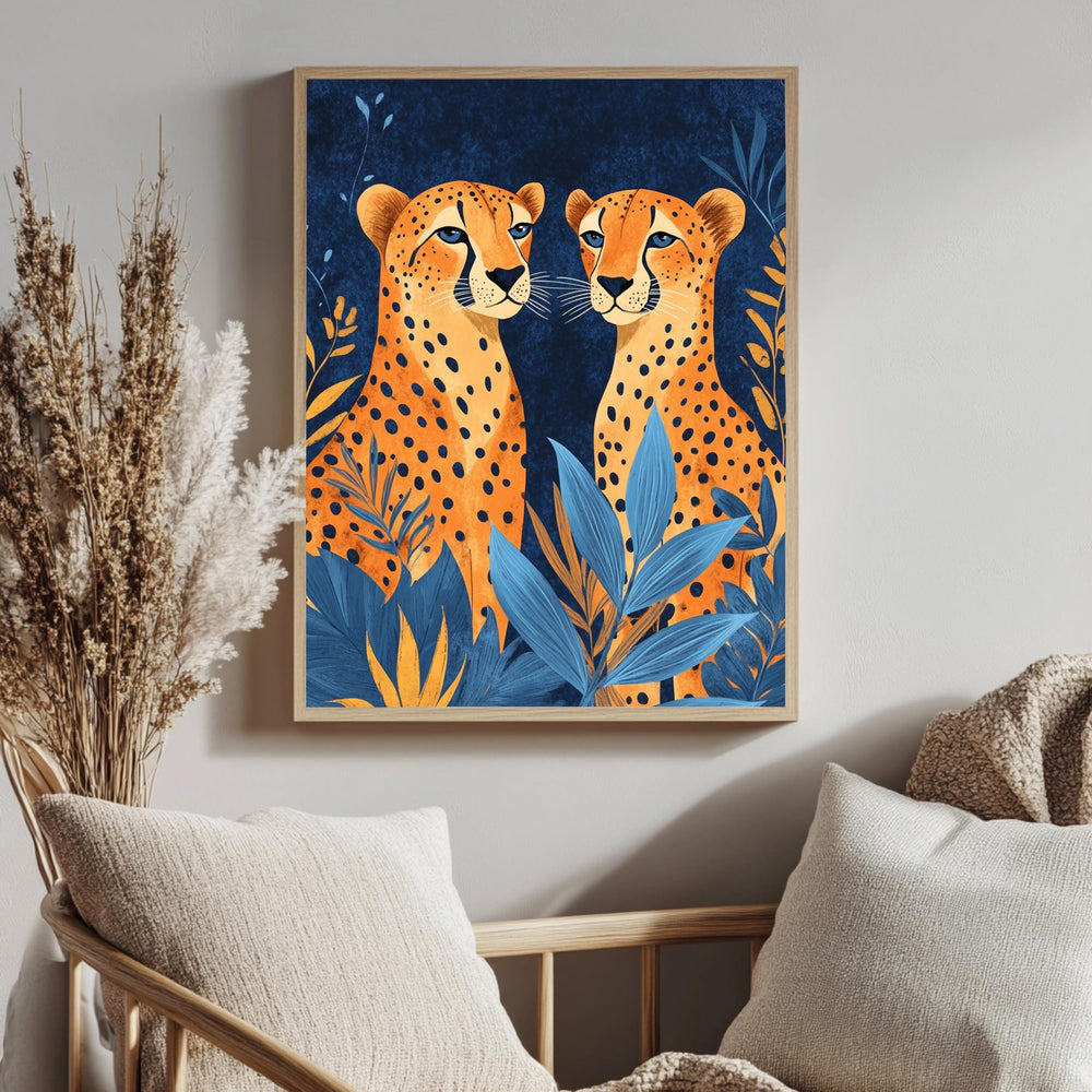 Orange Cheetahs Wall Art, Natural Wood Framed Canvas, Jungle Animal Print, Bold Safari Decor, Vibrant Wildlife Artwork, Boho Nature Art