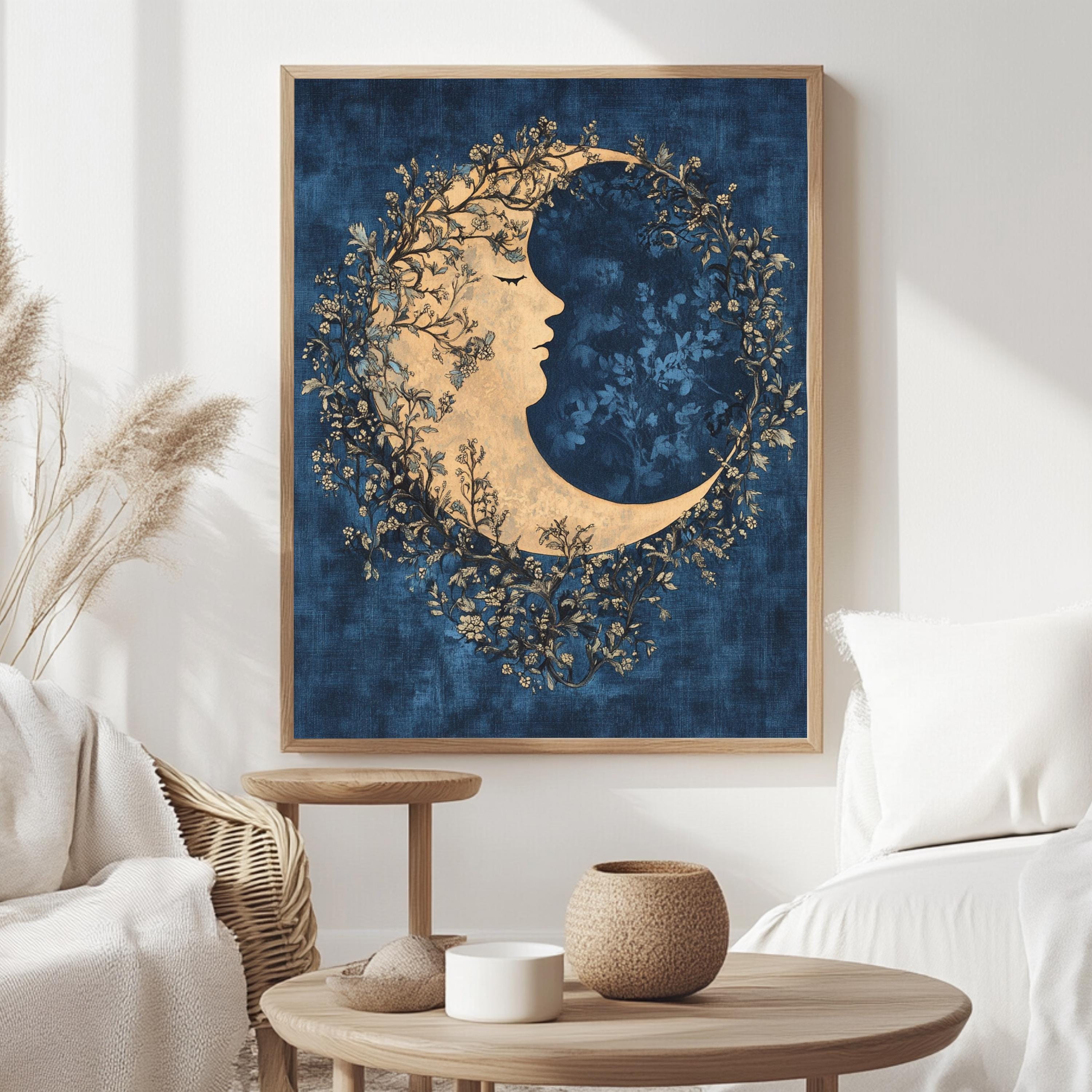 Floral Moon Wall Art, William Morris Inspired Celestial Canvas, Dreamy Botanical Print, Wooden Framed Mystical Night Sky Home Decor