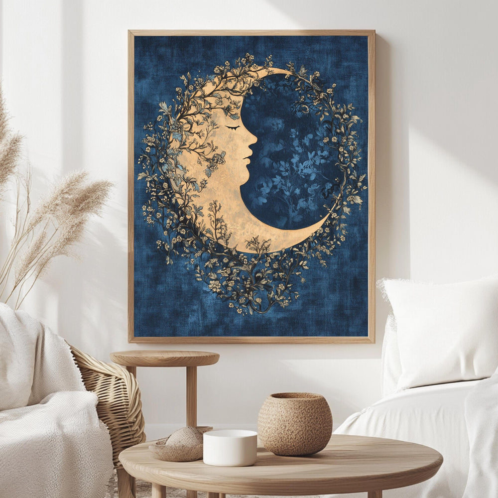 Floral Moon Wall Art, William Morris Inspired Celestial Canvas, Dreamy Botanical Print, Wooden Framed Mystical Night Sky Home Decor