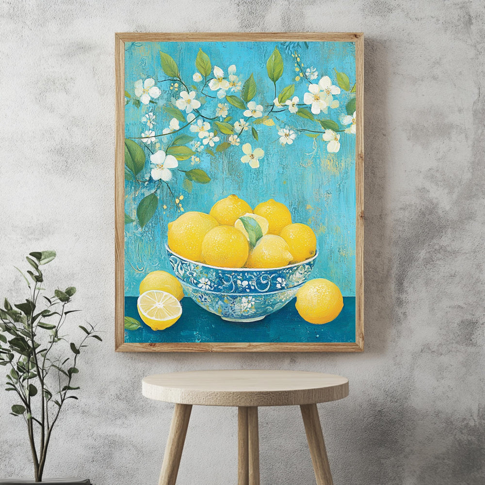 Lemon Bowl Wall Art, William Morris Inspired Floral Canvas, Blue and Yellow Kitchen Decor, Natural Wood Framed Print, Cottagecore Accent