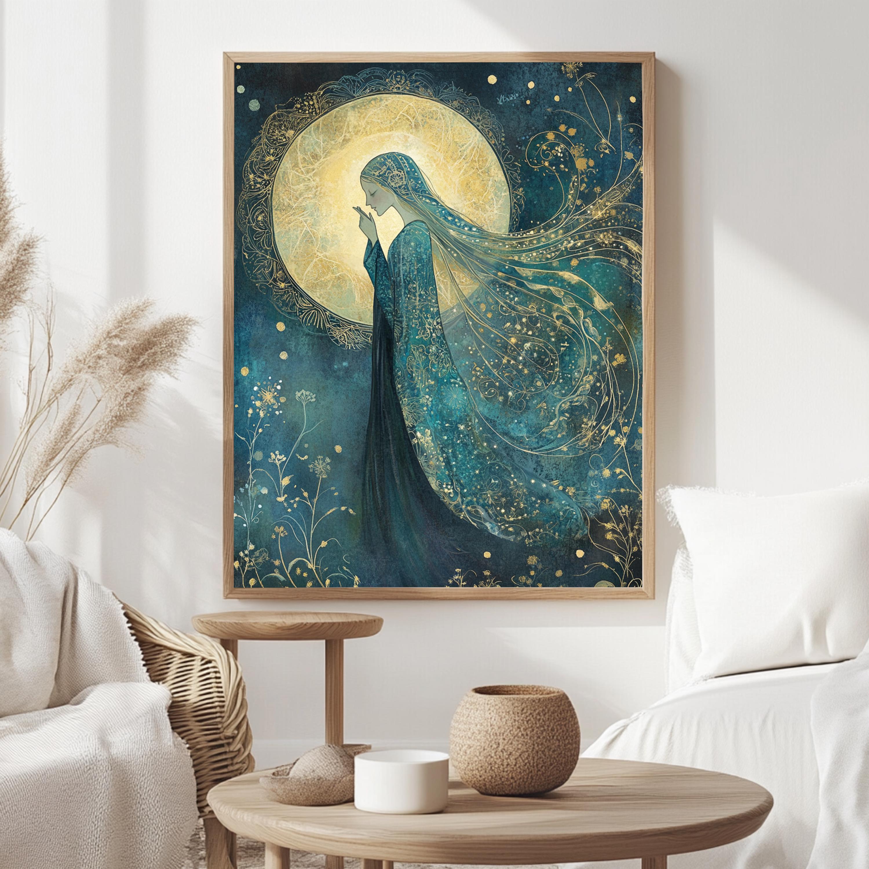 Moonlight Goddess Wall Art, William Morris Inspired Tarot Canvas, Celestial Divine Feminine Print, Wooden Framed Mystic Cottagecore Decor
