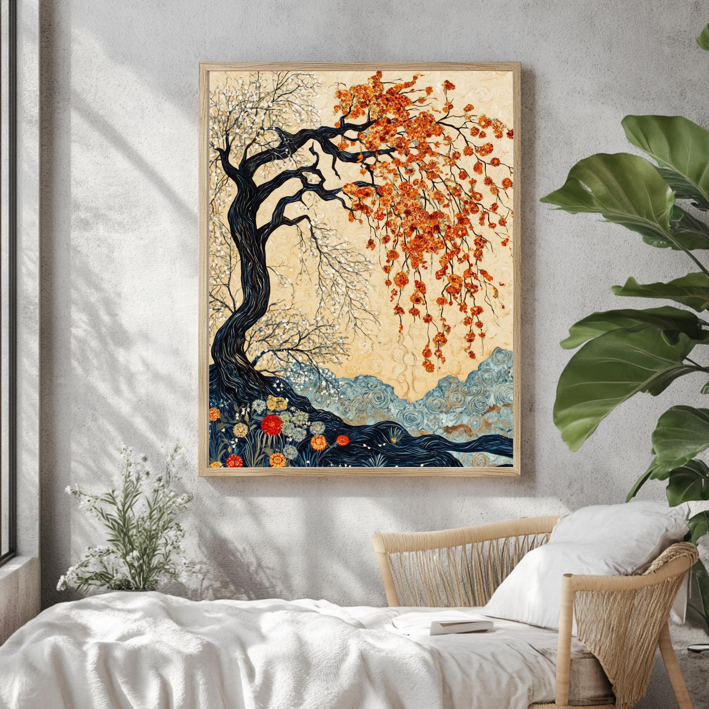 Willow Tree Wall Art, William Morris Inspired Seasonal Canvas, Autumn and Spring Dual Tree Print, Wooden Framed Nature Home Decor
