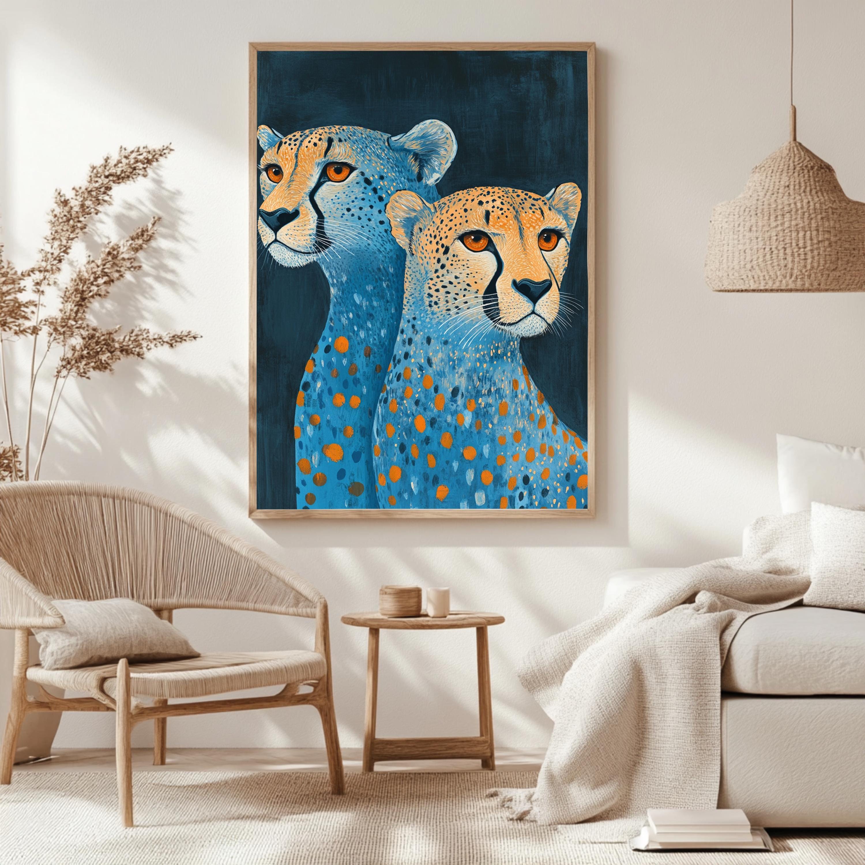 Blue and Orange Cheetah Canvas, Framed Jungle Wall Art, Colorful Safari Poster, Bold Animal Decor, Modern Safari Wall Decor, Eclectic Art