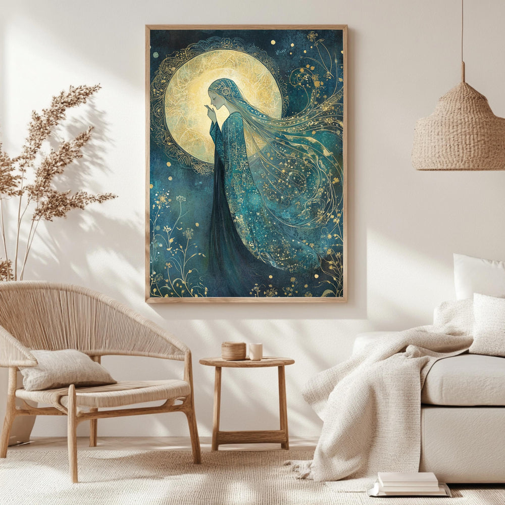 Moonlight Goddess Wall Art, William Morris Inspired Tarot Canvas, Celestial Divine Feminine Print, Wooden Framed Mystic Cottagecore Decor