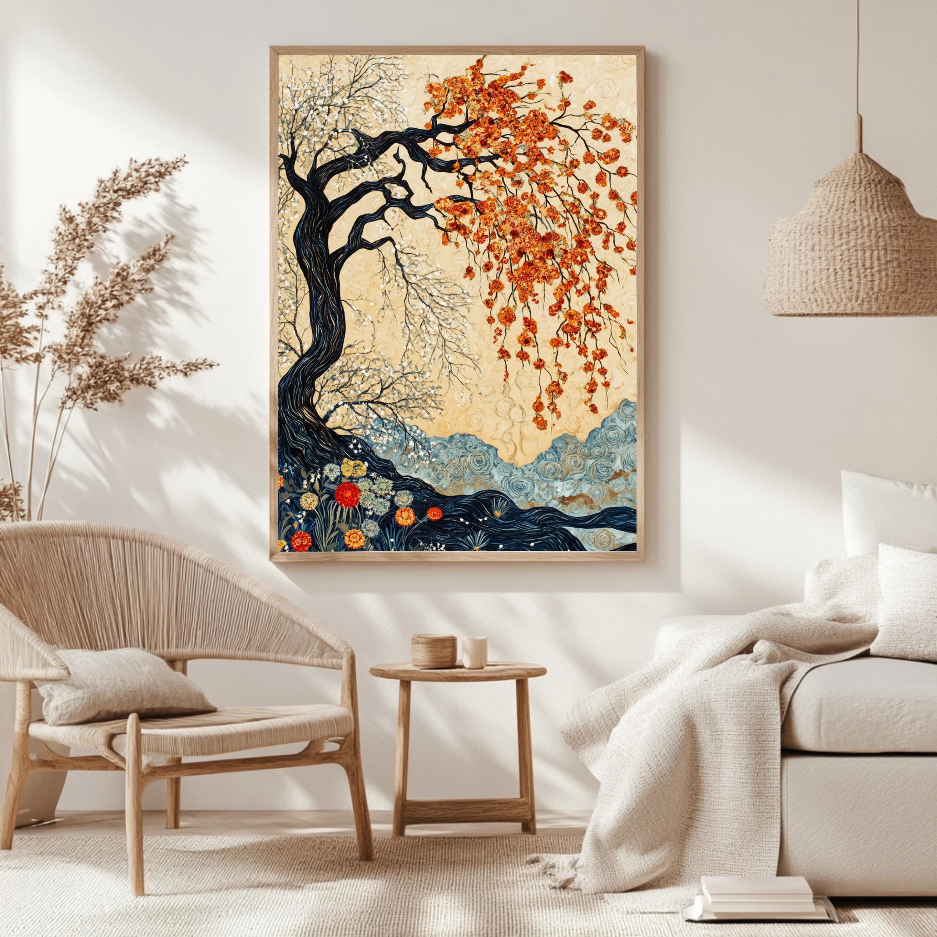 Willow Tree Wall Art, William Morris Inspired Seasonal Canvas, Autumn and Spring Dual Tree Print, Wooden Framed Nature Home Decor