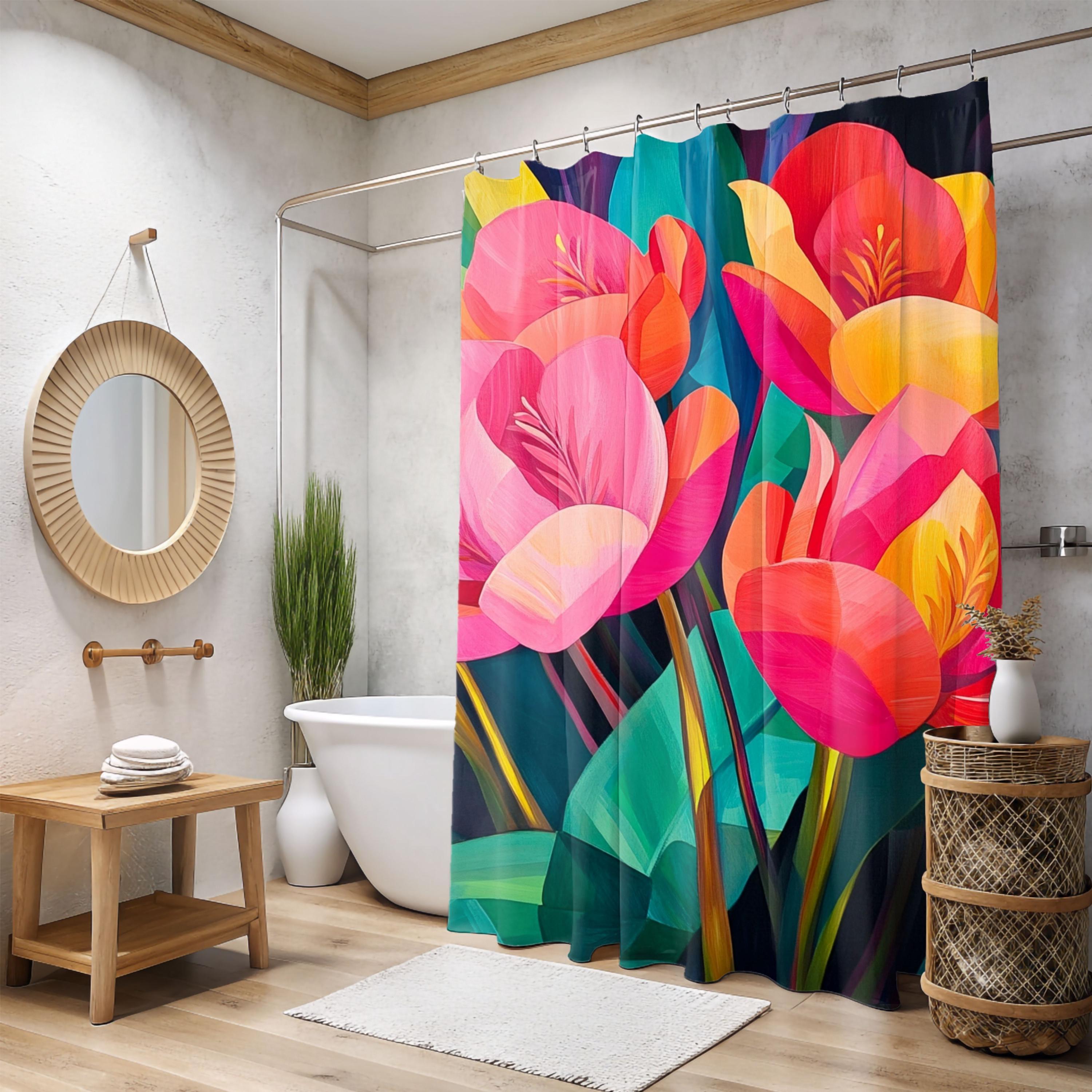 Tropical Flowers Shower Curtain, Vibrant Design Bathroom Décor, Lively Curtain Print, Floral Dorm Decoration