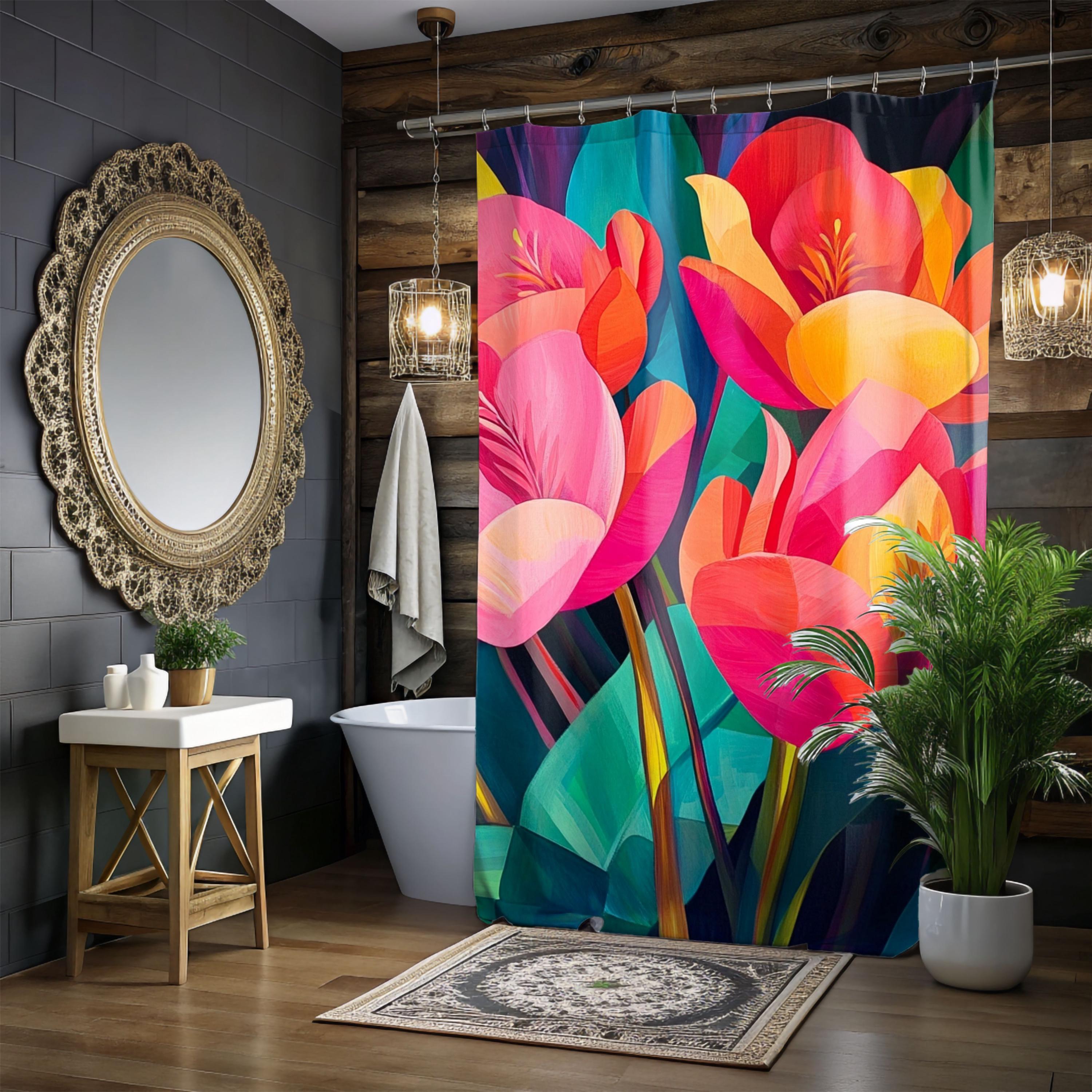 Tropical Flowers Shower Curtain, Vibrant Design Bathroom Décor, Lively Curtain Print, Floral Dorm Decoration