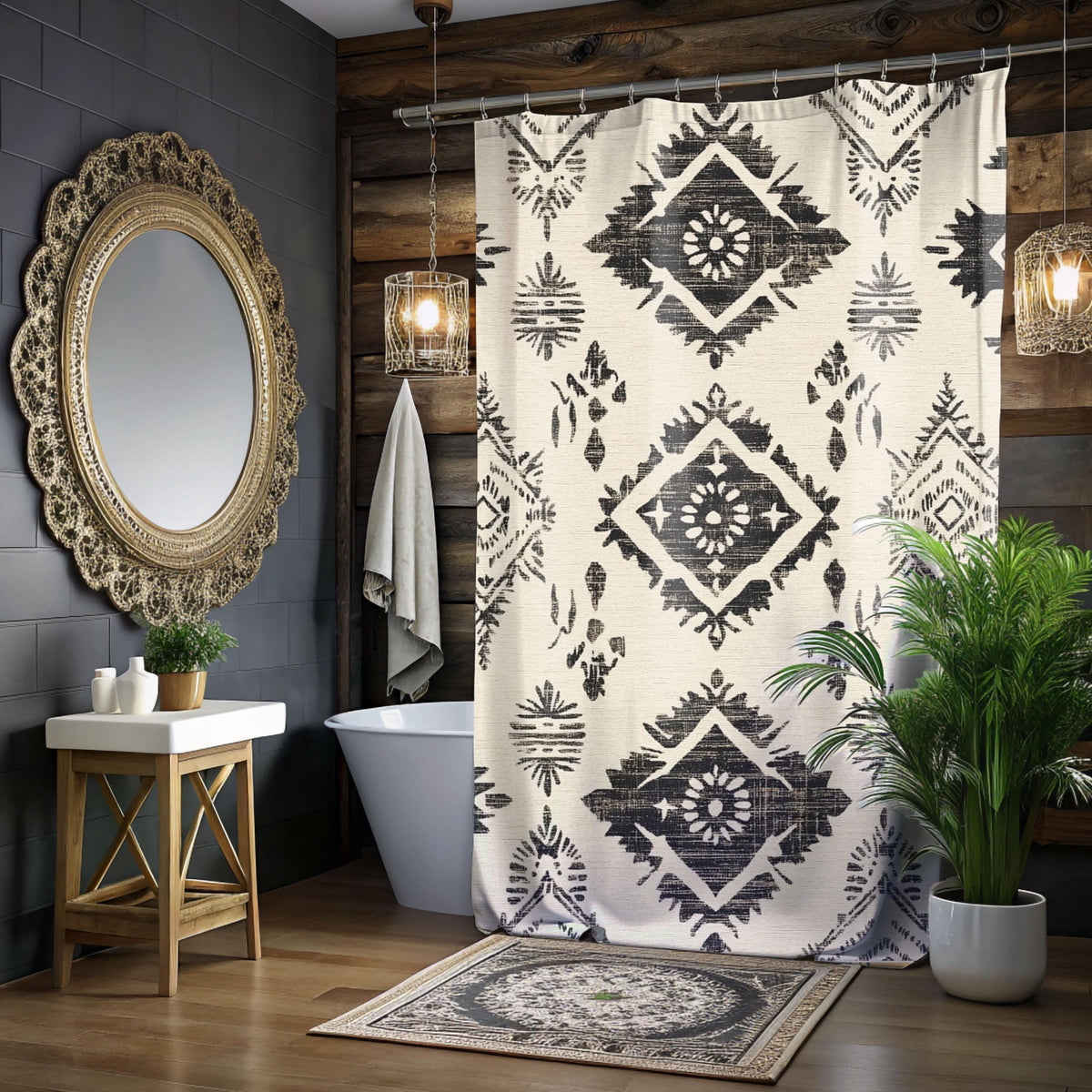 Boho Pattern Neutral Shower Curtain, Neutral Earthy Bathroom Decor, Minimalist Dorm Decor, Boho Curtain Print