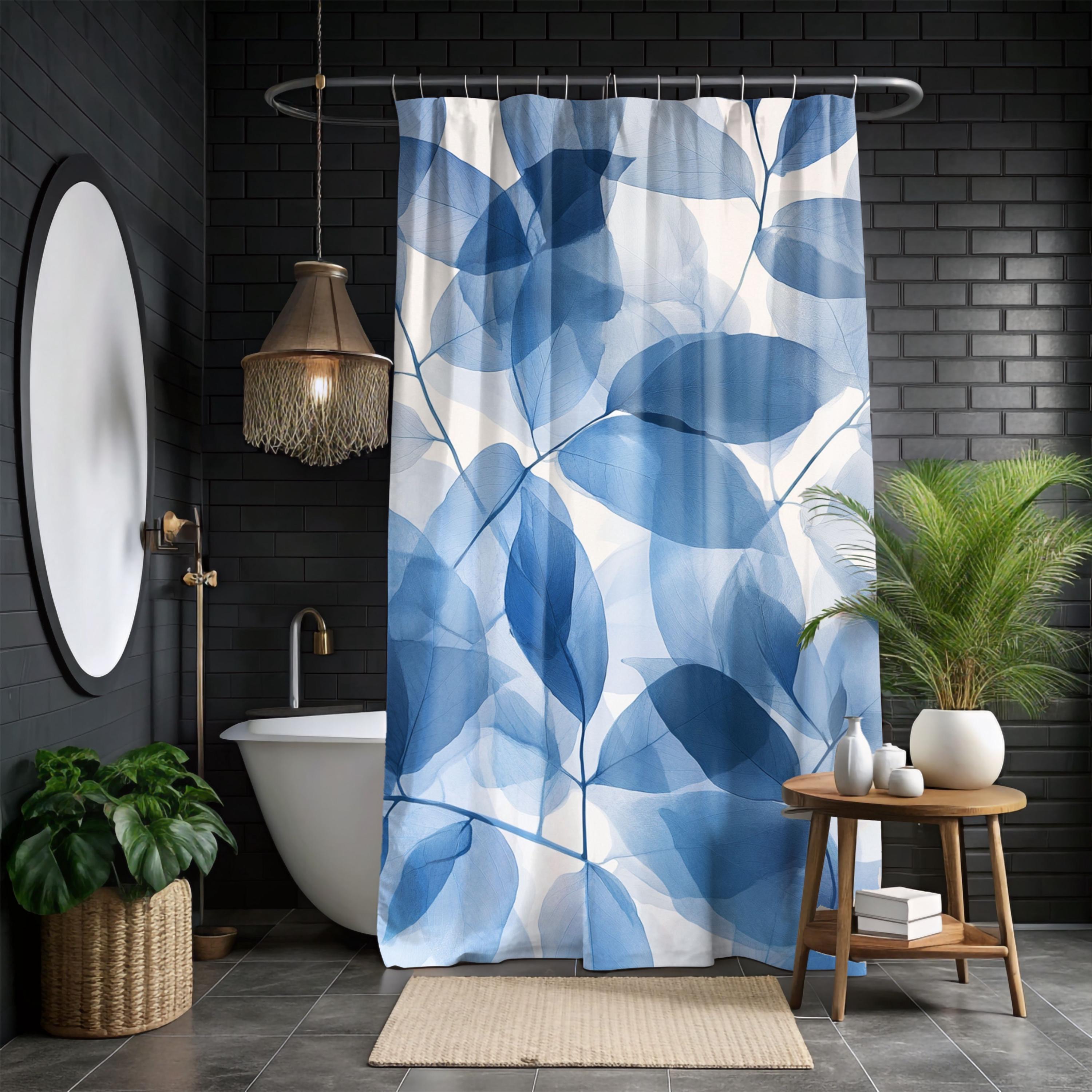 Blue Botanical Leaf Pattern Shower Curtain, Nature-Inspired Bathroom, Earthy Dorm Decor, Blue Curtain Print