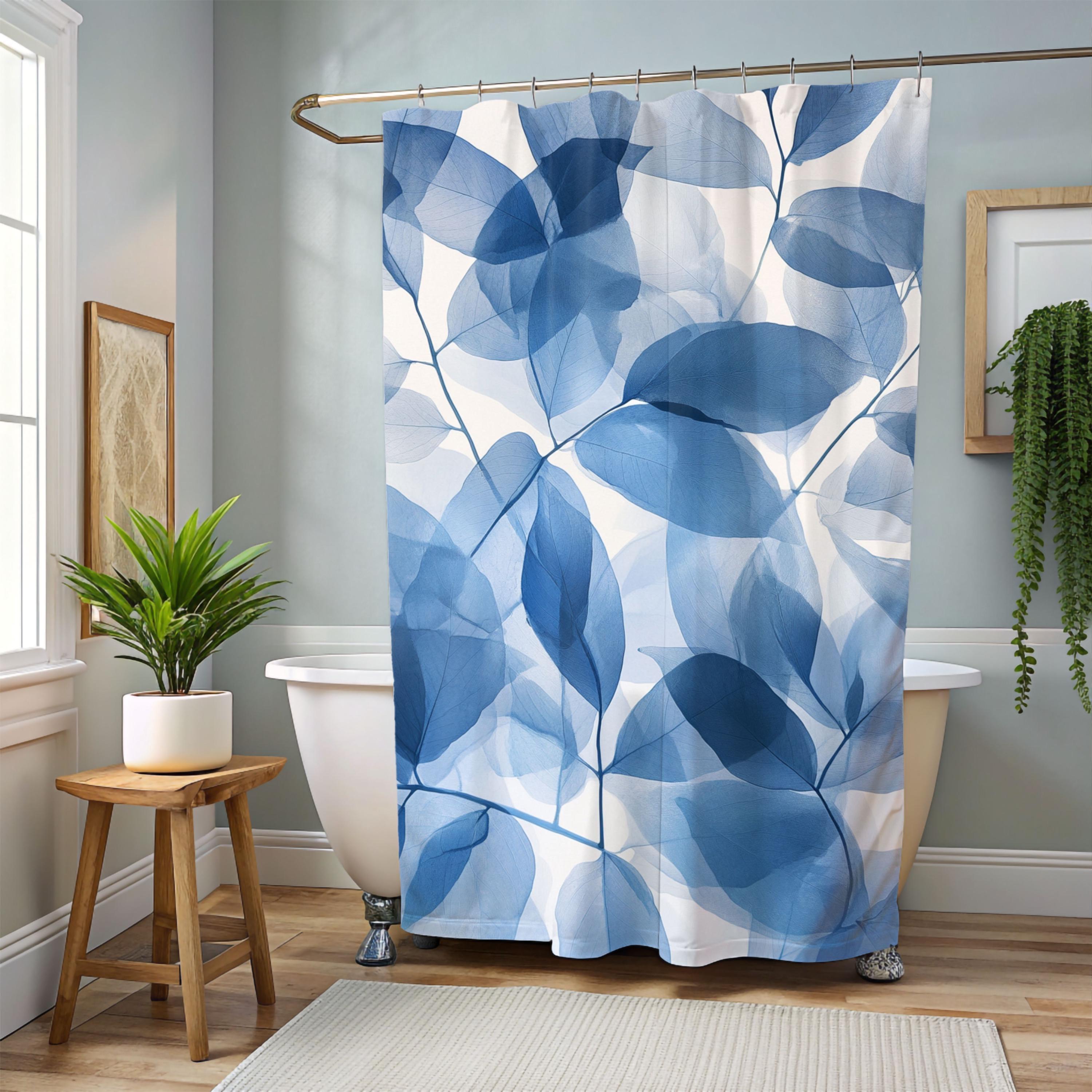 Blue Botanical Leaf Pattern Shower Curtain, Nature-Inspired Bathroom, Earthy Dorm Decor, Blue Curtain Print