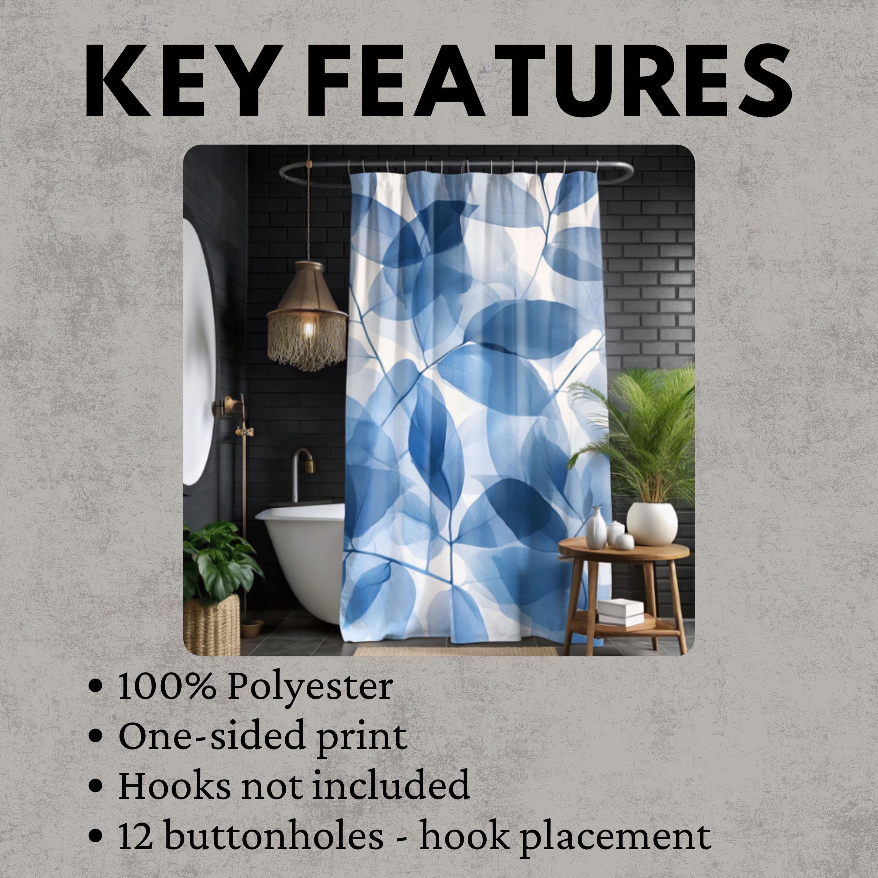 Blue Botanical Leaf Pattern Shower Curtain, Nature-Inspired Bathroom, Earthy Dorm Decor, Blue Curtain Print