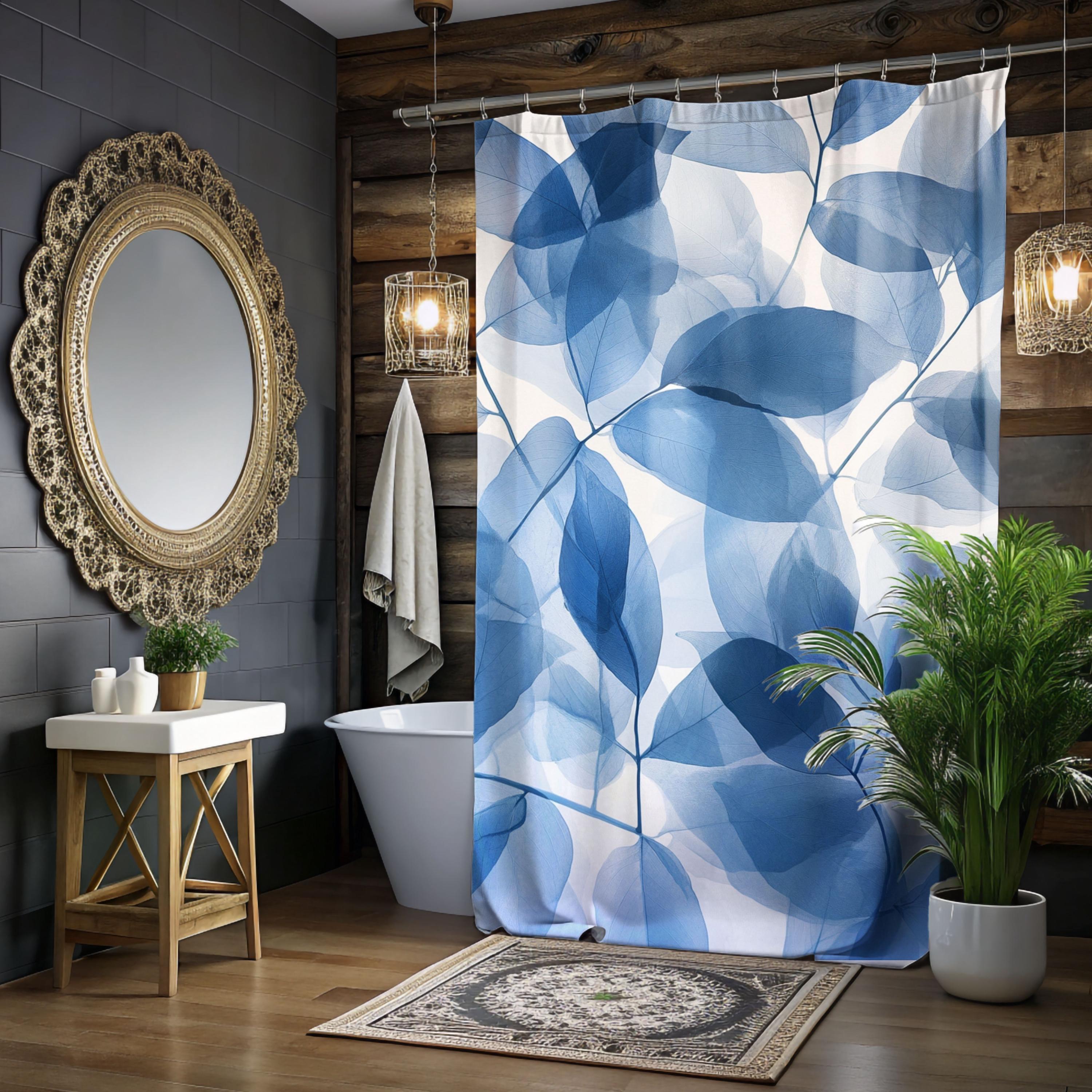 Blue Botanical Leaf Pattern Shower Curtain, Nature-Inspired Bathroom, Earthy Dorm Decor, Blue Curtain Print