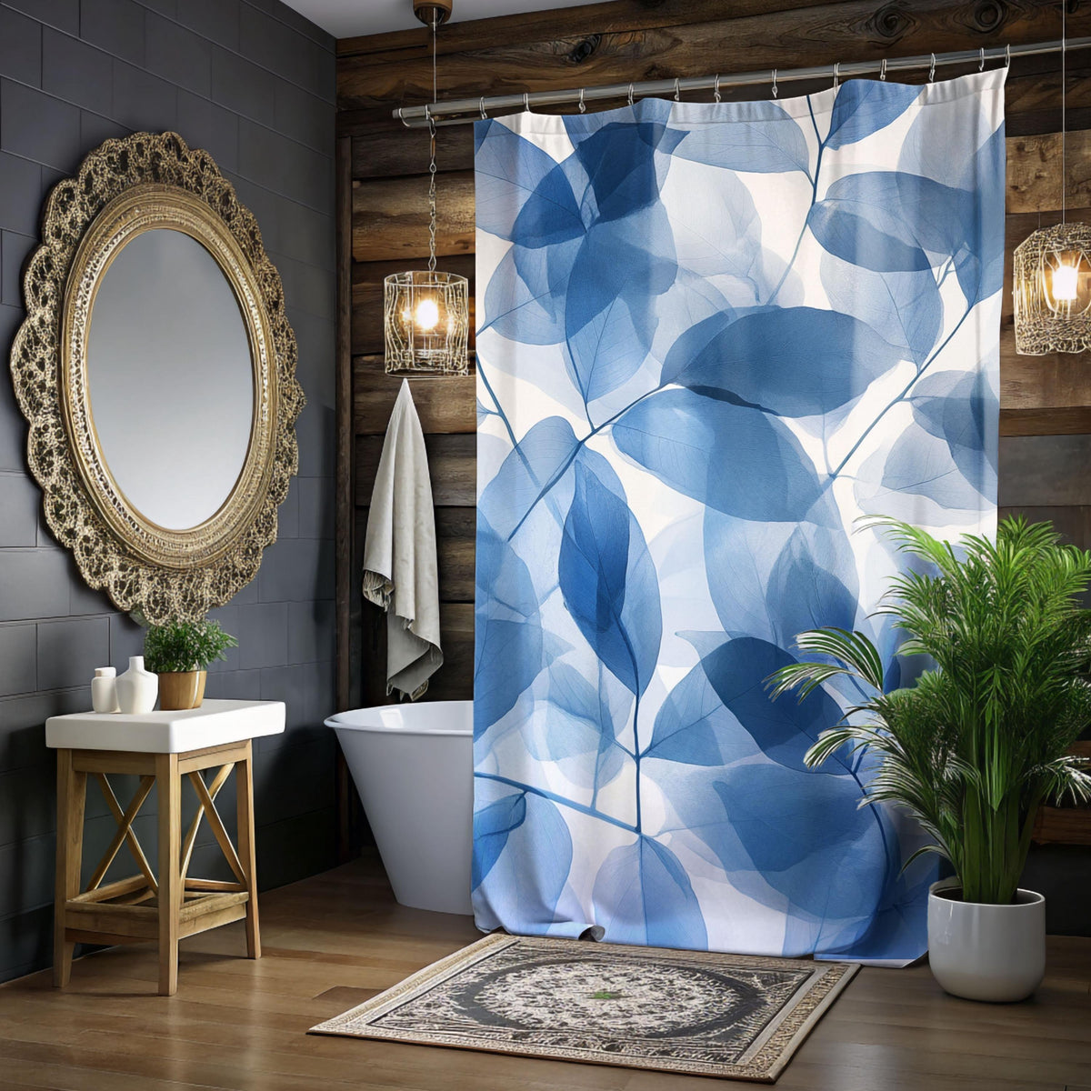 Blue Botanical Leaf Pattern Shower Curtain, Nature-Inspired Bathroom, Earthy Dorm Decor, Blue Curtain Print