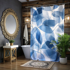 Blue Botanical Leaf Pattern Shower Curtain, Nature-Inspired Bathroom, Earthy Dorm Decor, Blue Curtain Print