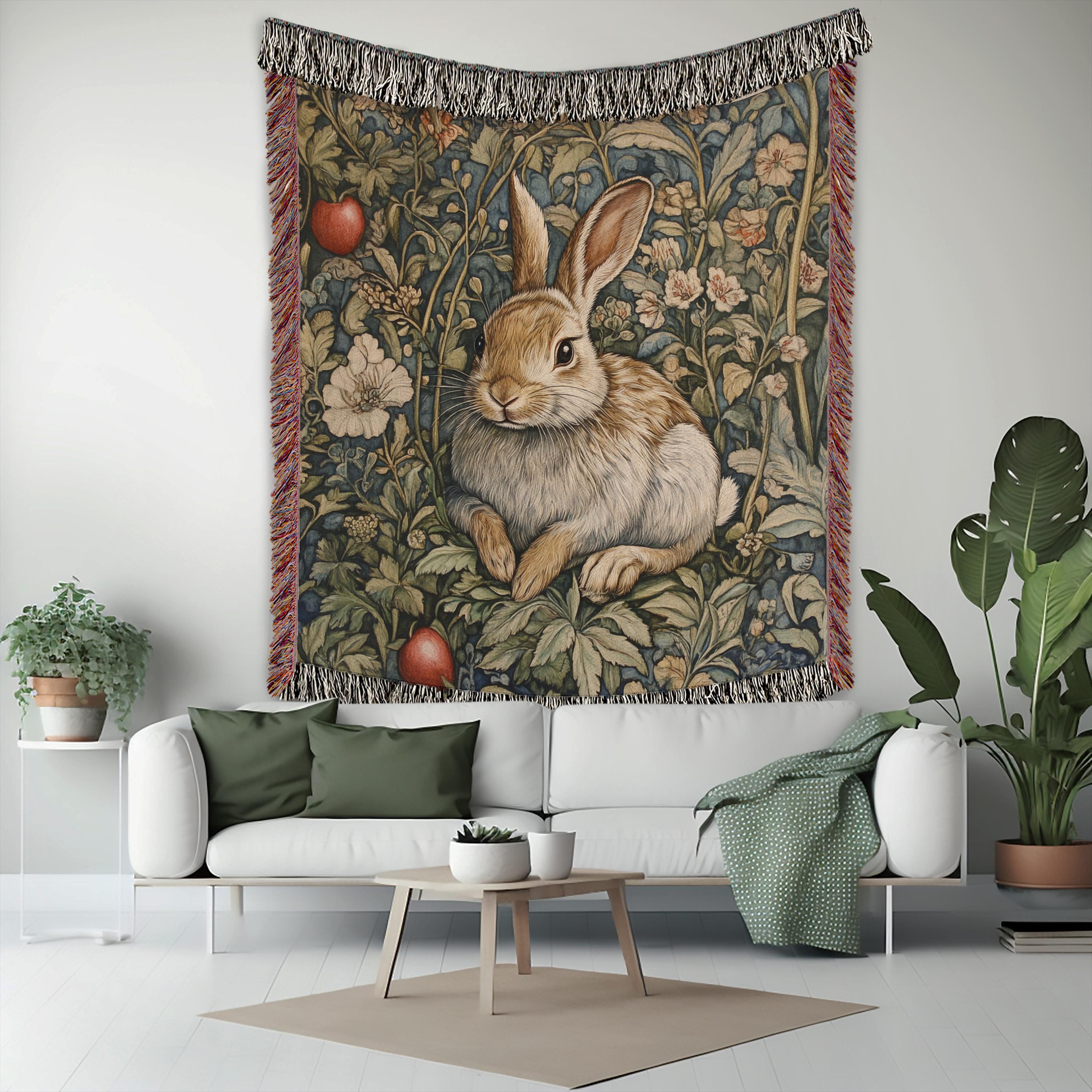 Vintage Rabbit Throw Blanket, Woodland Bunny Woven Blanket, Cozy Grandma Reading Blanket, Picnic Blanket, Living Room Couch Bed Blanket