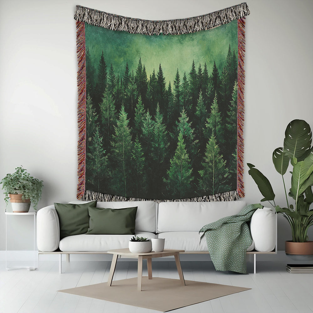 Woodland Woven Throw Blanket, Cotton Woven Blanket, Cozy Picnic Blanket, Nature-Inspired Blanket, Green Forest Blanket, Gift for Mom
