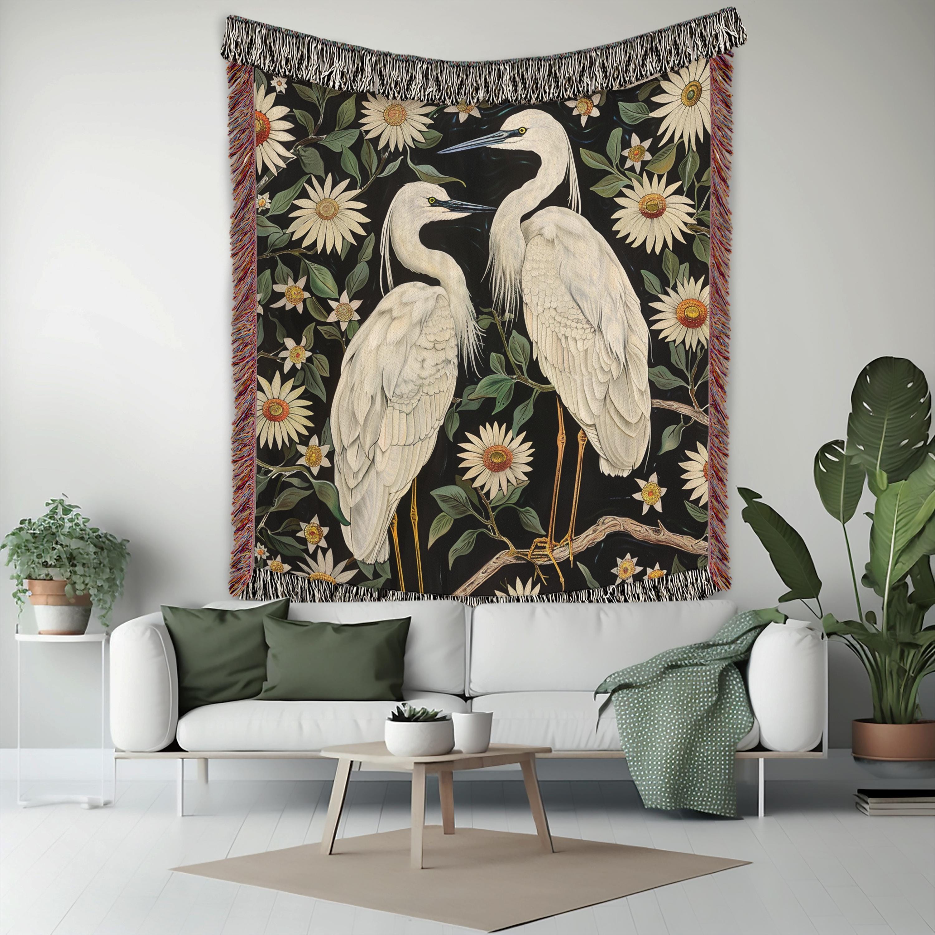 Vintage Egret Throw Blanket, William Morris Inspired Blanket, Reading Blanket, Coastal Bed Blanket, Blanket for Movie Night, Picnic Blanket