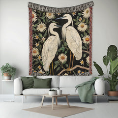 Vintage Egret Throw Blanket, William Morris Inspired Blanket, Reading Blanket, Coastal Bed Blanket, Blanket for Movie Night, Picnic Blanket