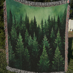 Woodland Woven Throw Blanket, Cotton Woven Blanket, Cozy Picnic Blanket, Nature-Inspired Blanket, Green Forest Blanket, Gift for Mom