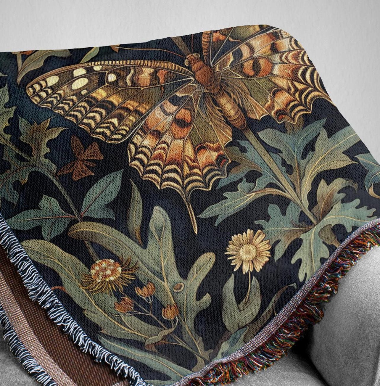 Vintage Butterfly Throw Blanket, Cotton Woven Blanket, Cozy Reading Blanket, William Morris Inspired Blanket for Movie Night Vintage Blanket