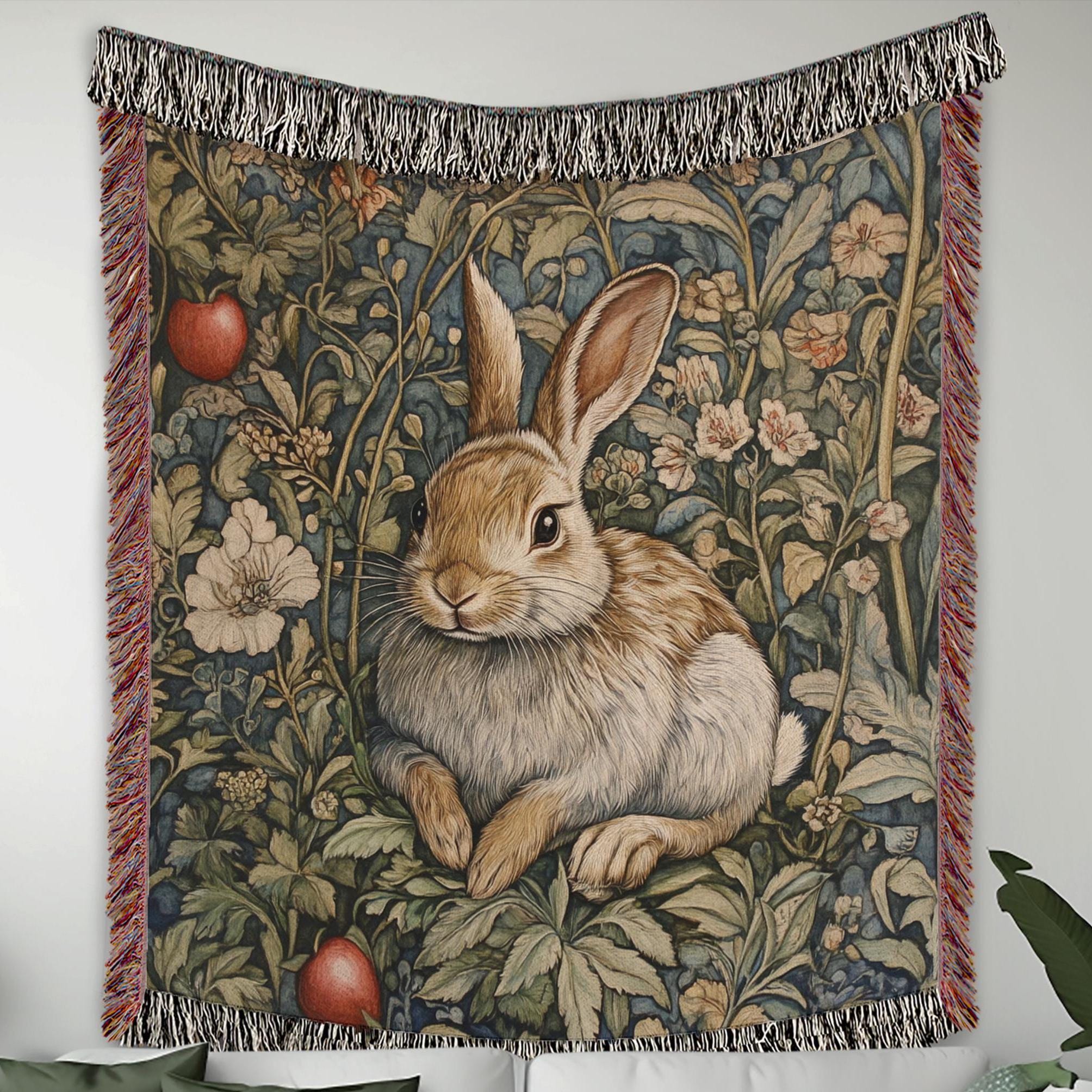 Vintage Rabbit Throw Blanket, Woodland Bunny Woven Blanket, Cozy Grandma Reading Blanket, Picnic Blanket, Living Room Couch Bed Blanket